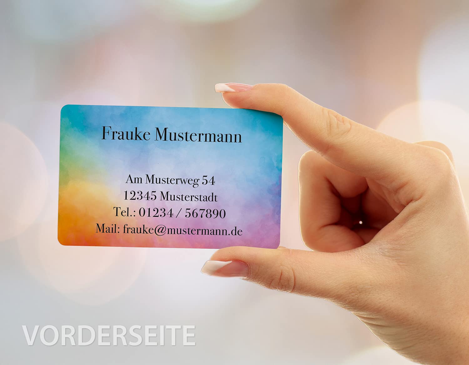 100 Visitenkarten, laminiert, beidseitig bedruckt, 85 x 55 mm, inkl. Kartenspender - Design Farbverlauf