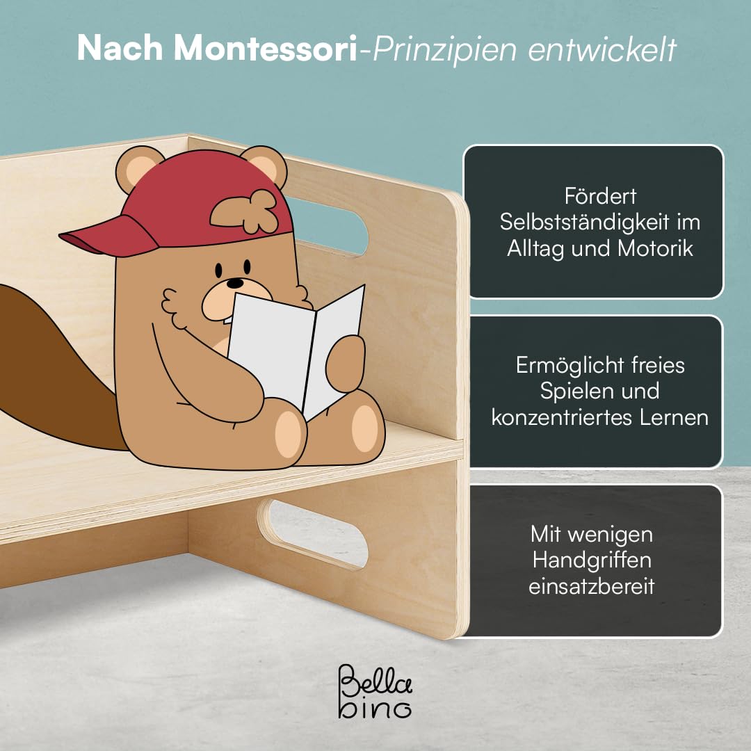 Bellabino Aki Kindersitzbank - 2in1 Kinderbank/Kindertisch aus Holz Natur - Montessori Wendebank für Kinderzimmer - multifunktionaler Kinderhocker mit 3 Sitzhöhen aus Birke - Hocker 80 x 35 x 35 cm
