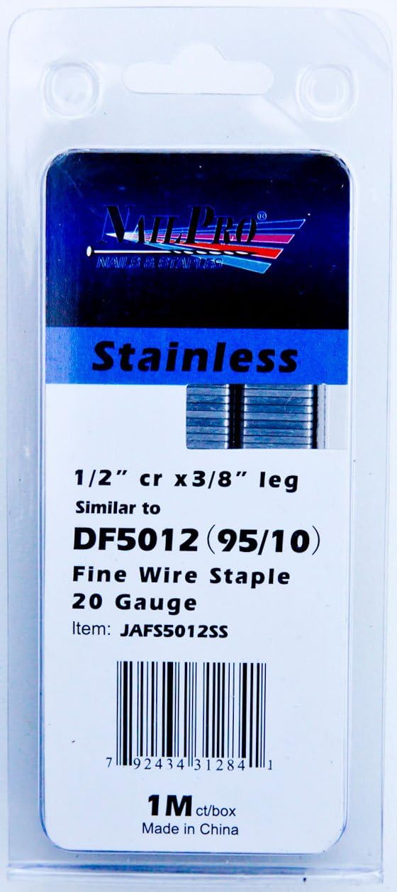 NailPRO 95/10SS 20 Ga 3/8 Leg x 1/2 Crown Stainless Steel Fine Wire Staples, 1000 Count