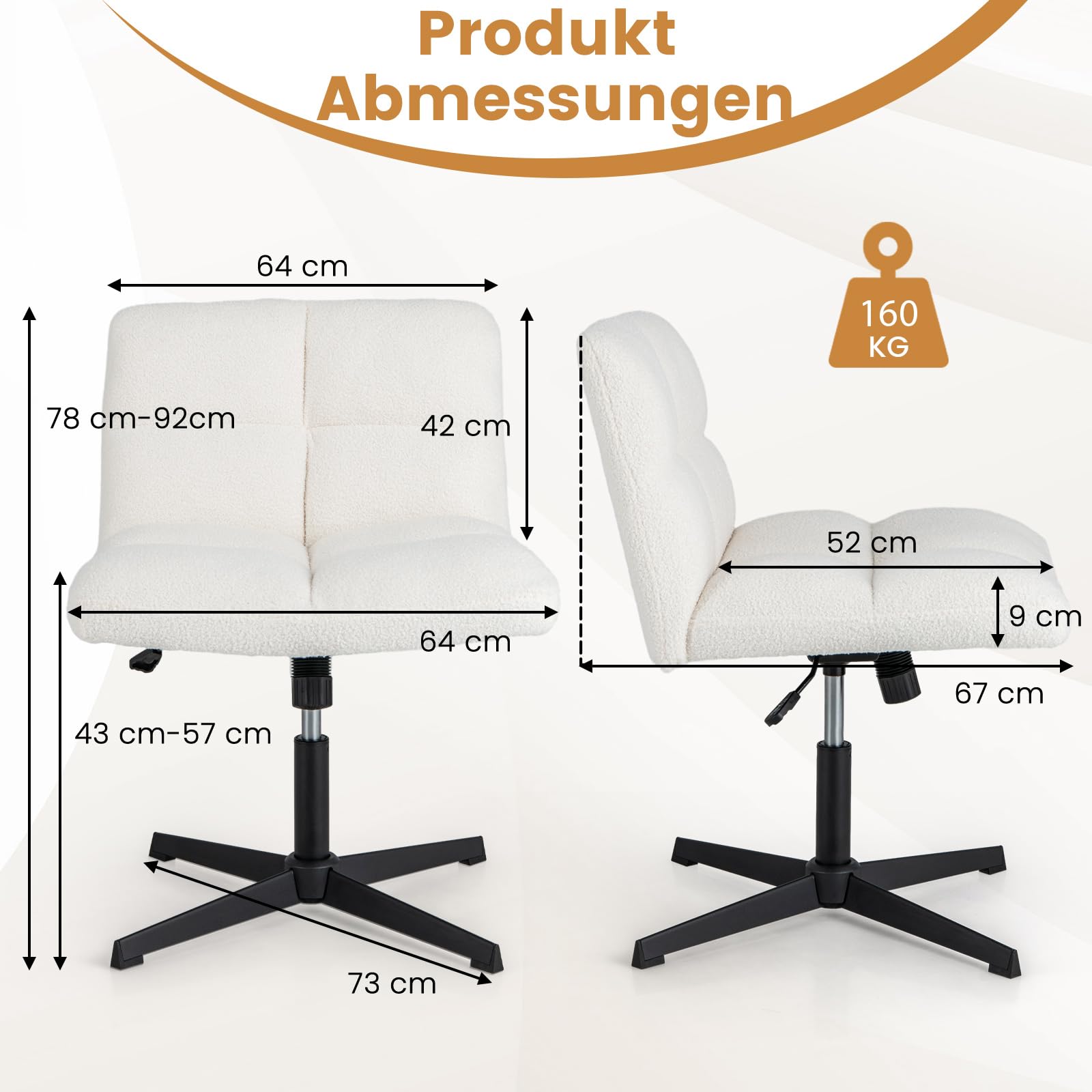 COSTWAY Schneidersitz Stuhl, Drehstuhl ohne Armlehnen, Schreibtischstuhl mit breiter Sitzfläche, Bürostuhl mit Kreuzfuß, Schminkstuhl, höhenverstellbar, Wippfunktion, modern (Beige)