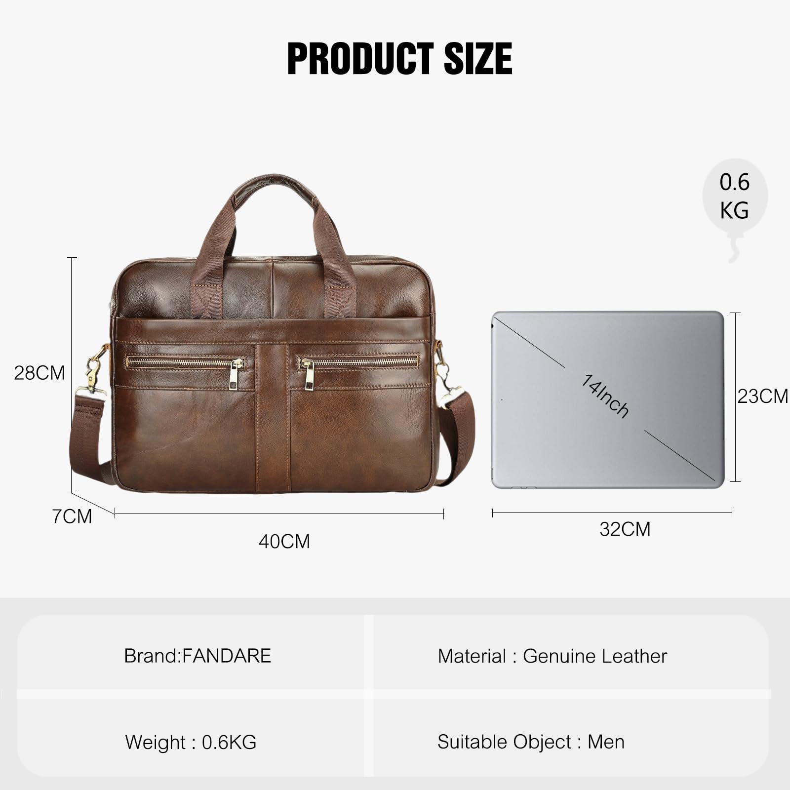 FANDARE Męska skórzana aktówka na dokumenty, torba biznesowa, listonoszka, aktówka, torba na ramię na laptopa o przekątnej ekranu 15,6", torba z uchwytem, do pracy i podróży