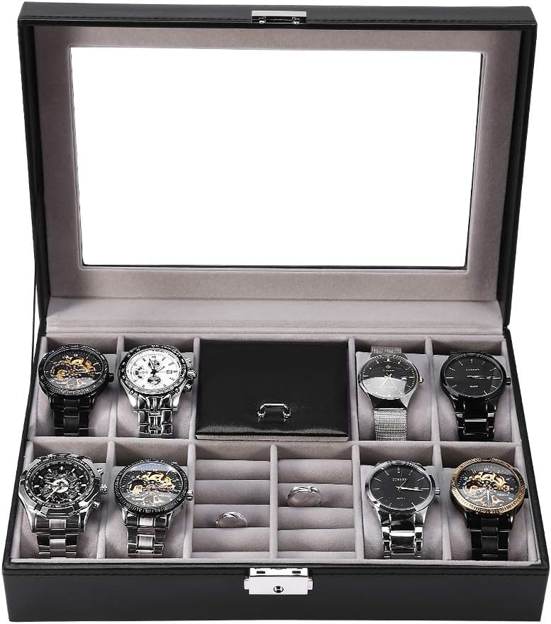 KRISHYAM Watch Box Organizer - 8 Slot Watch + 2 Slots Grids for Ring Stud Earrings - Watches Storage Organizer with Multipurpose Grids - PU Leather with Transparent Top Cover (Black) (B0CD815P1X) Amazon Price History, Amazon Price Tracker