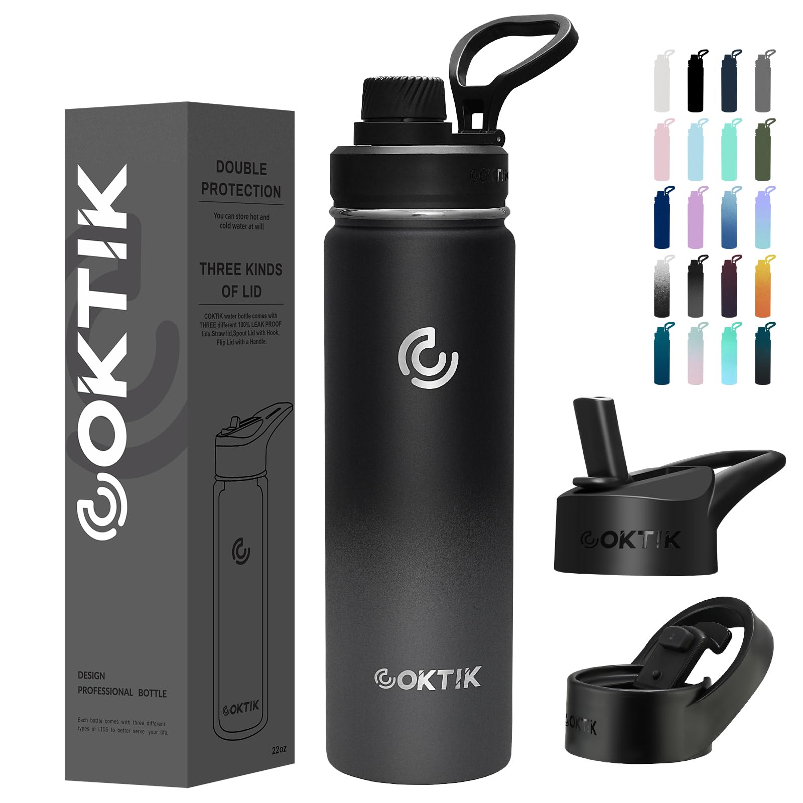 COKTIK Insulated Stainless Steel Water Bottle With Straw Lid, 22 oz Wide Mouth Double Wall Vacuum Insulated Water Bottle Leakproof Lightweight for Hiking, Biking, Running(Gray Gradient)