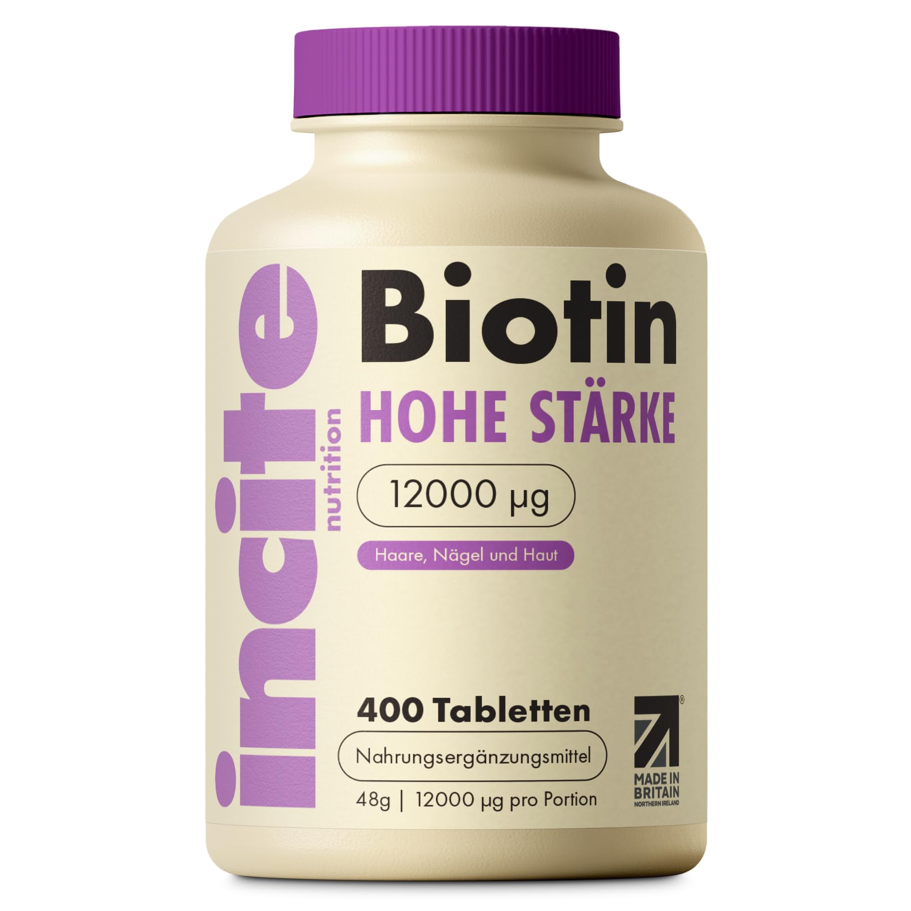 Incite Nutrition Biotin-Haarwachstumsergänzungsmittel 12.000 mcg – Tabletten (Ganzjahresvorrat plus Vorrat), hergestellt im Vereinigten Königreich, für Herren und Damen, 400 Stück (1er-Pack)