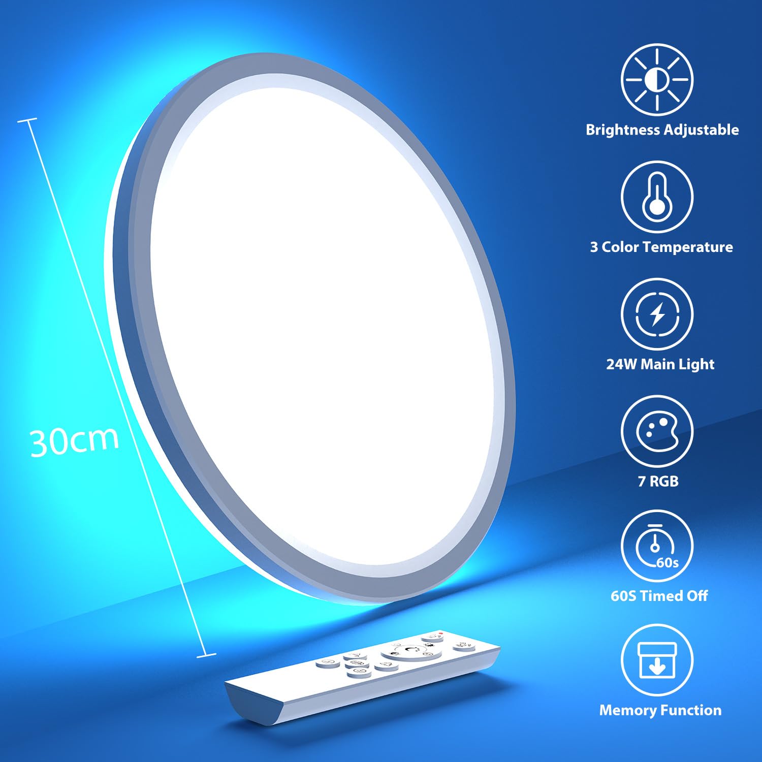 slochi Plafonnier LED à intensité variable avec télécommande, Lampe LED de Plafond RGB à changement de couleur, 30 cm, 3000K-6500K, pour salle de bain, Chambre d'enfant- ronde,Blanc