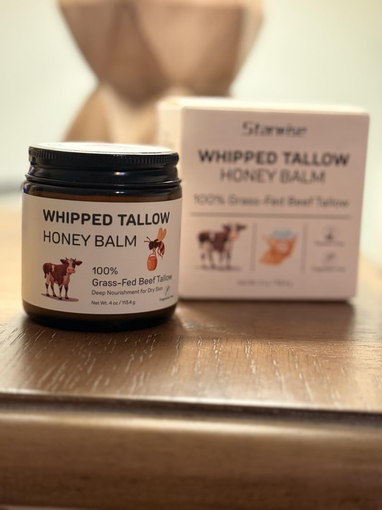 Starwise Beef Tallow for Skin, 100% Grass-Fed Whipped Beef Tallow and Honey Balm, Moisturizer for Face & Body, Natural Formula with Organic Jojoba Oil, Shea Butter for Dry, Sensitive Skin, 4 Oz