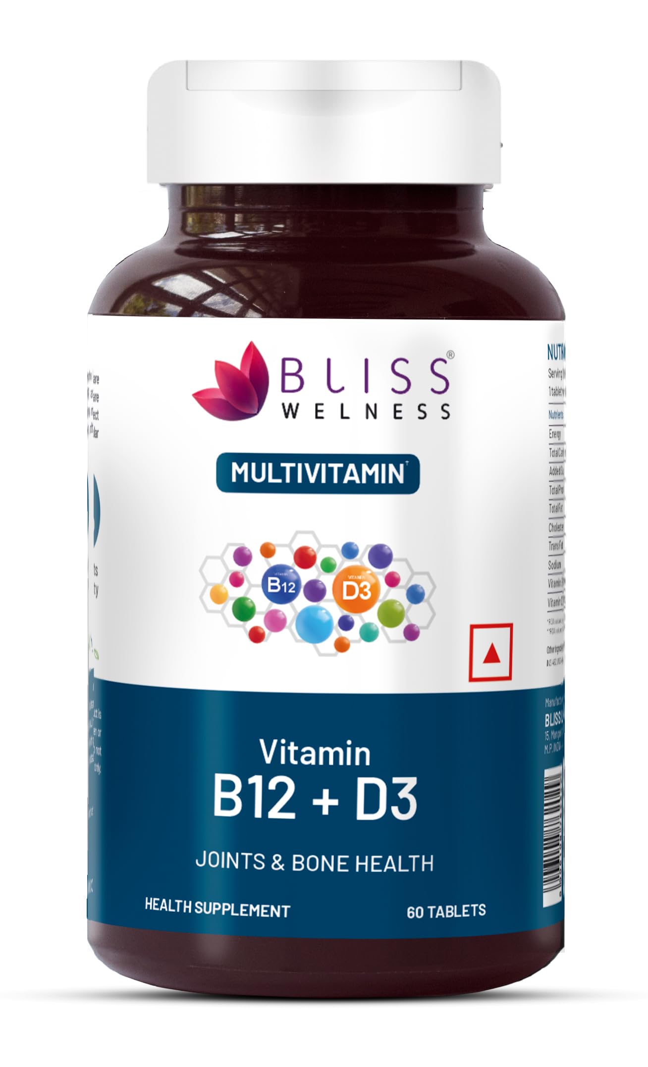 Bliss Wellness Vitamin B12 & D3 Tablets | With Essential Vitamins B12 and D3 | Supports Daily Nutritional Intake & Normal Body Functions | For Routine Supplementation | Suitable for Men & Women | 60 Tablets