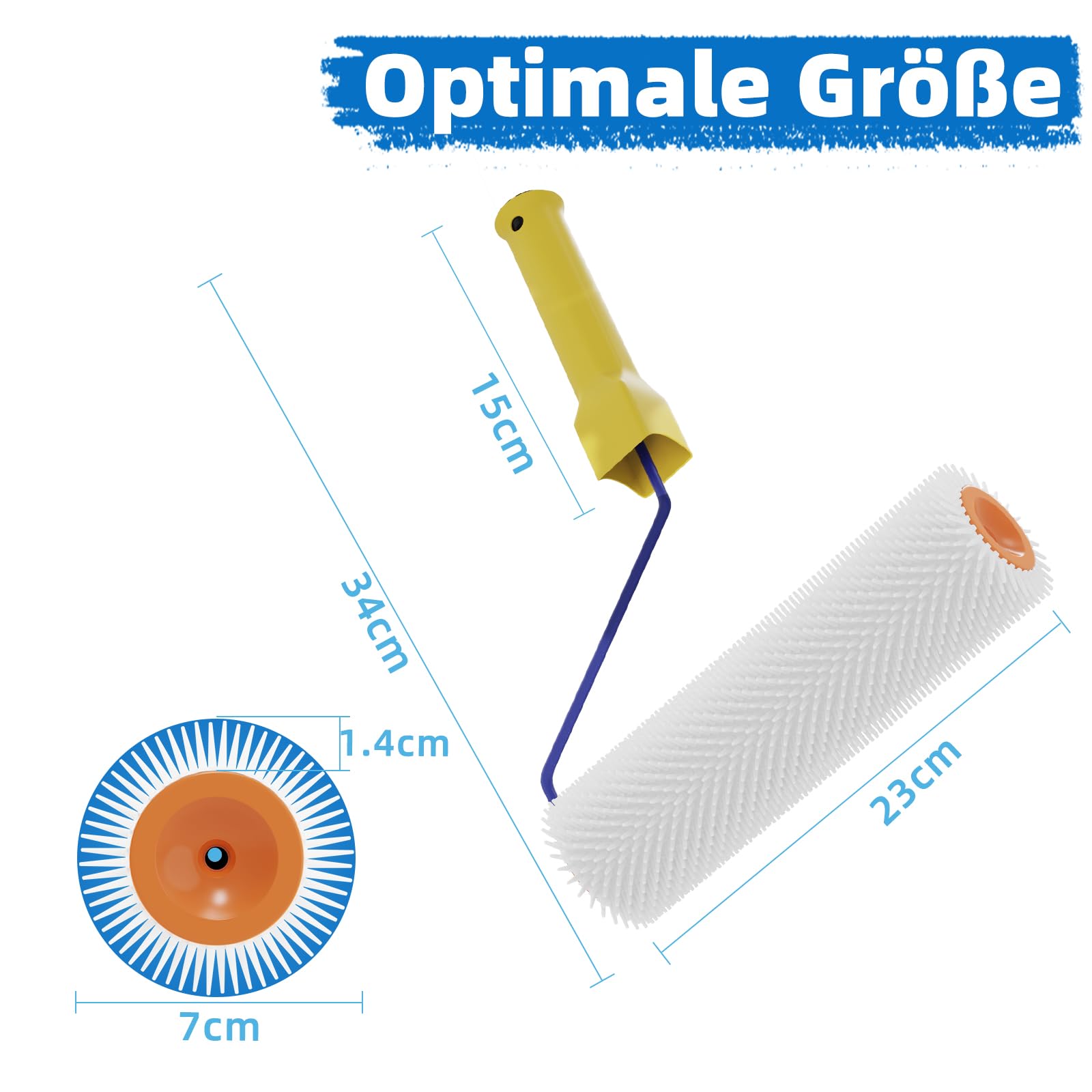 VKE Entlüftungswalze Set für Ausgleichsmasse - Stachellänge 14 mm, Profi Stachelwalze Ausgleichsmasse, 1 Nagelrolle 23 cm, 2 Farbrolle 23cm, Teleskopstange 1,5 m, Nagelschuhe 30 mm-Nur 1 Griff