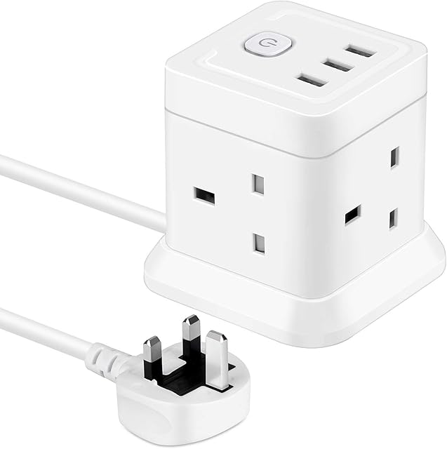 Cube Extension Lead with USB, BEVA UK Power Strip with 4 Way Outlets 3 USB Ports, 1.5M Pure Copper Bold Extension Cable, Surge Protected Multi Extension Plug for Home, Office, Hotel, Travel- White