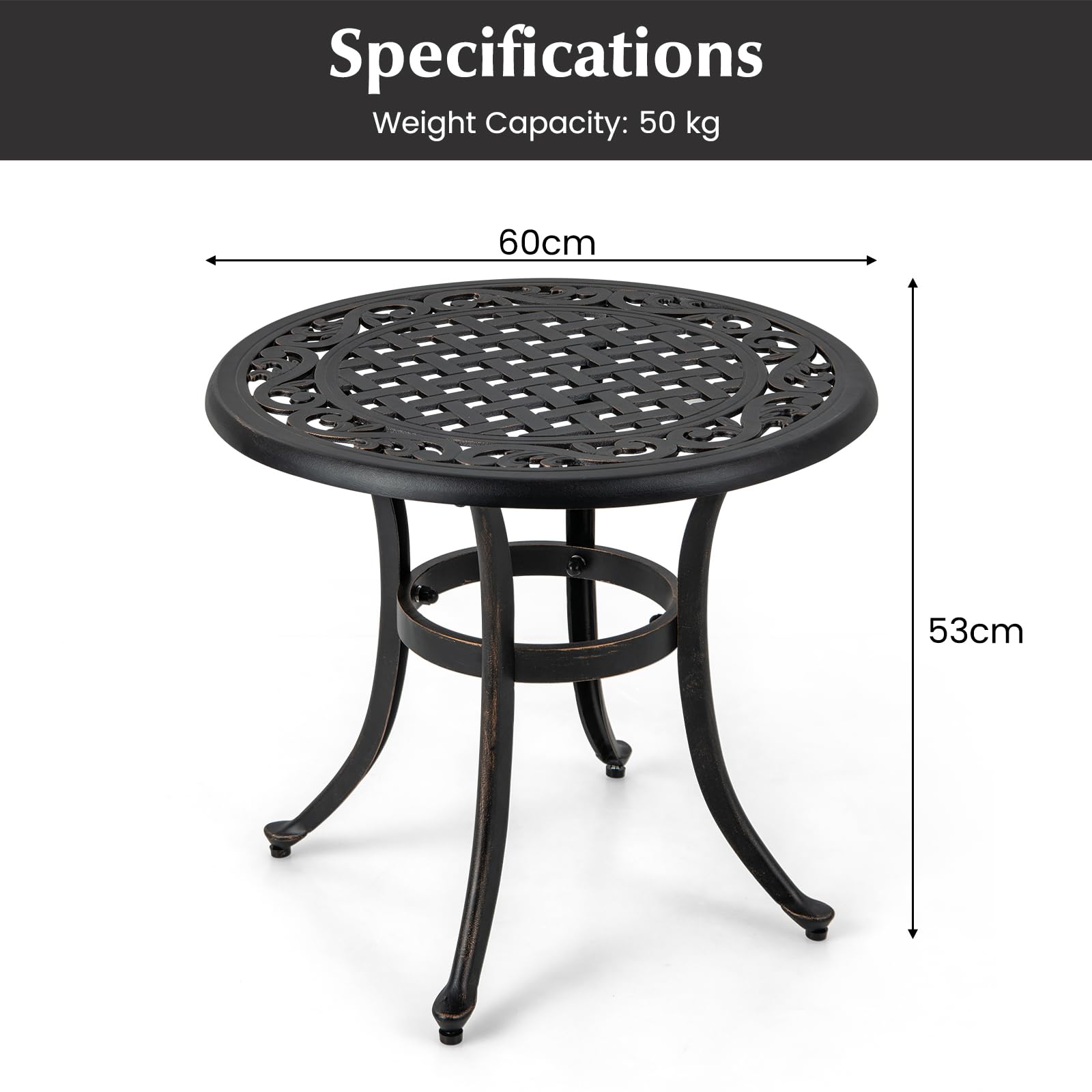 GIANTEX Gartentisch wetterfest Garten Bistrotisch aus Aluminiumguss runder Balkontisch mit verstellbaren Fußpolstern Terrassentisch Outdoor Beistelltisch 60 x 60 x 53 cm antike für Garten Bronze
