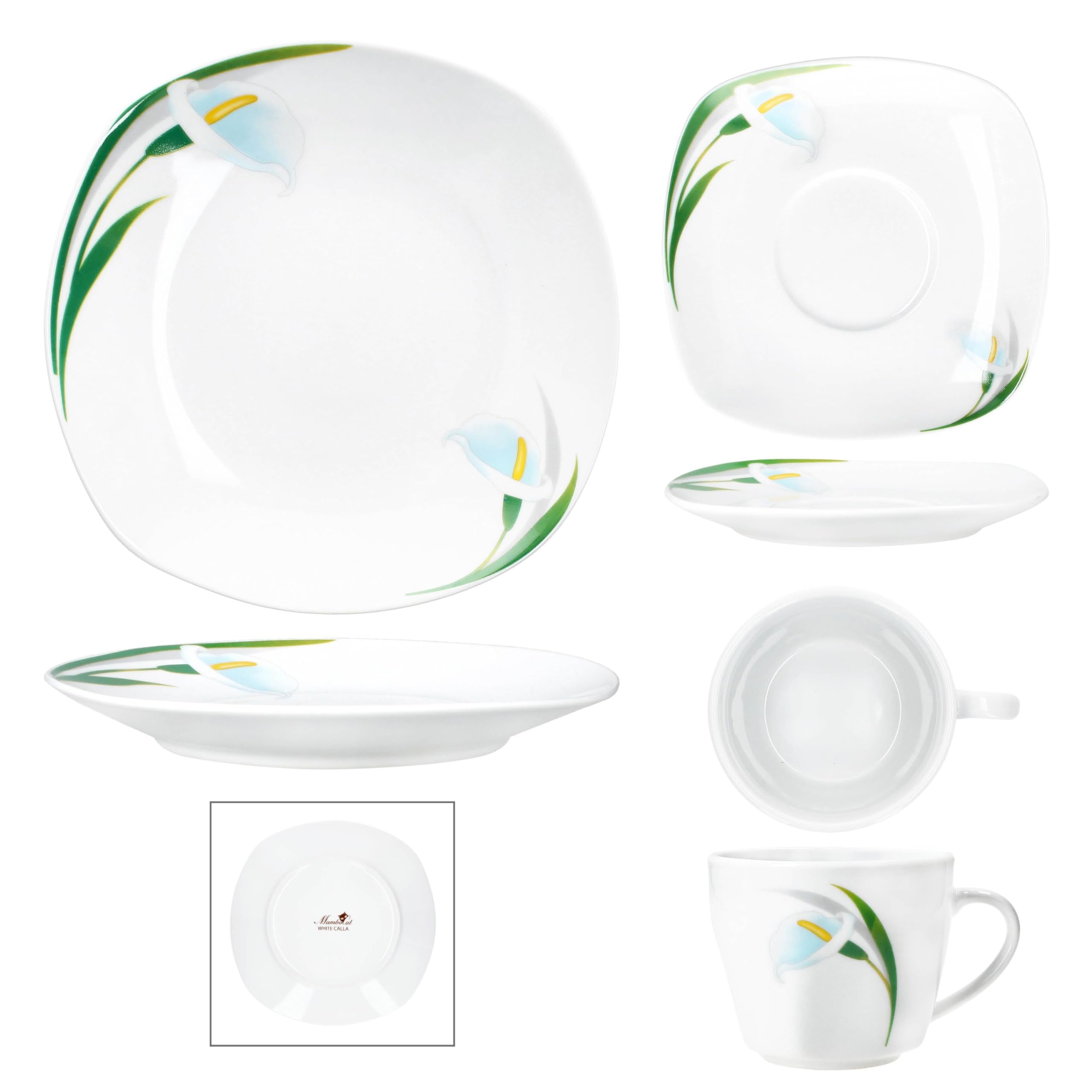 MamboCat 18tlg Kaffeeservice White Calla I Florale stilvolle Porzellan-Geschirr mit Blumen-Dekor für 6 Personen I Je 6X Tassen 150ml, Untertassen & Teller für Frühstück & Kaffee