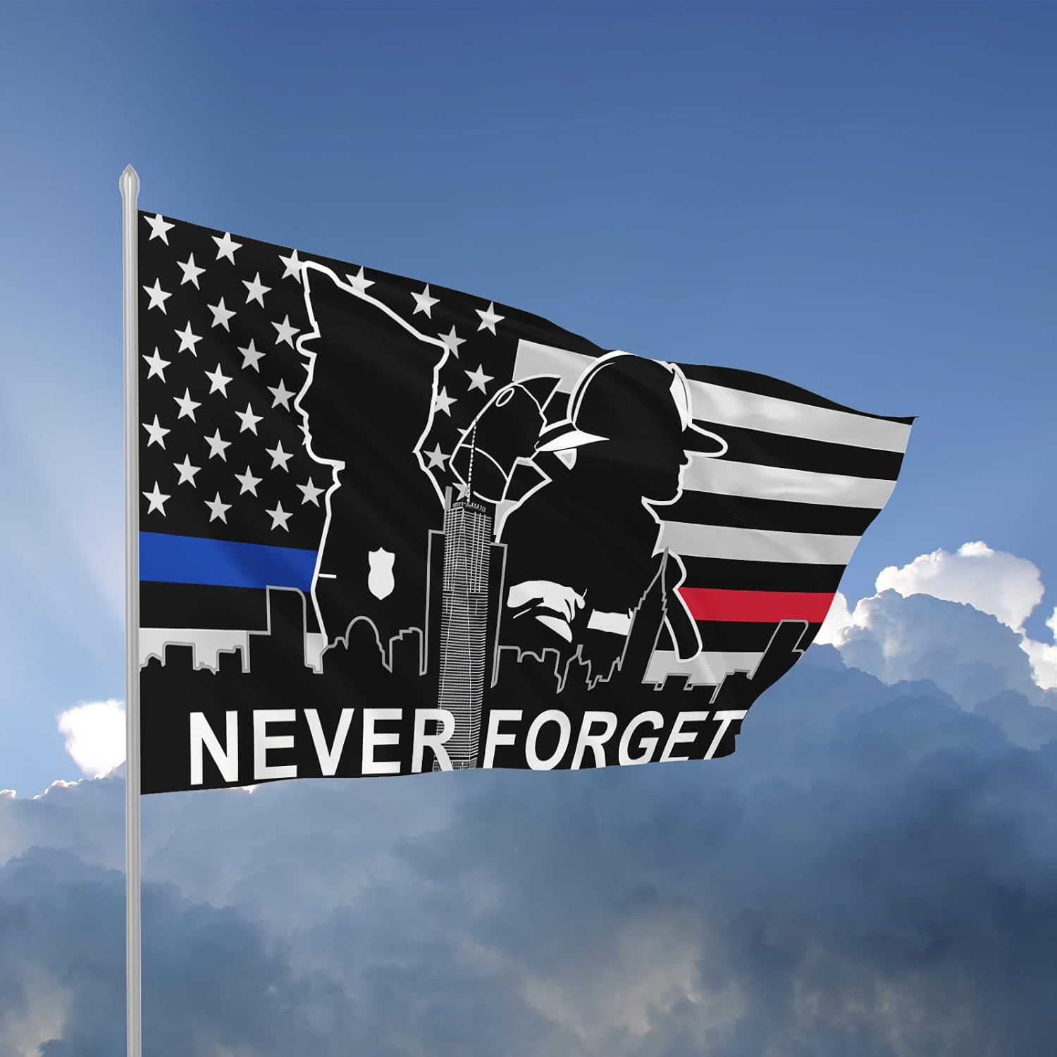 USA Thin Blue Red Line 911 Never Forget Flag For Outdoor House Porch Welcome Holiday Decoration, Garden Flag, Fit Chritmas/Birthday/Happy New 3x5ft