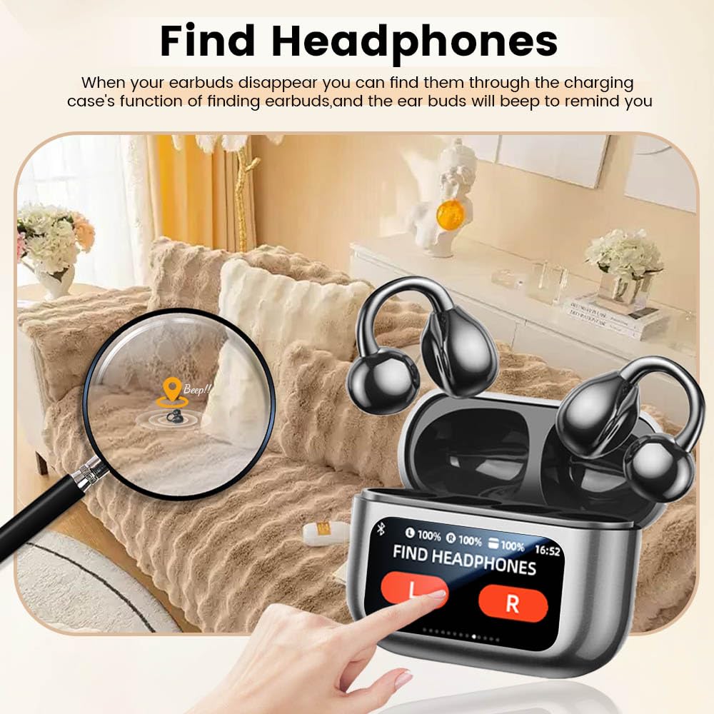 Cuffie a clip, auricolari aperti senza fili, Bluetooth 5.4, con clip e touchscreen LCD, leggere, comode, per tablet, laptop, telefoni Android/iOS, colore nero