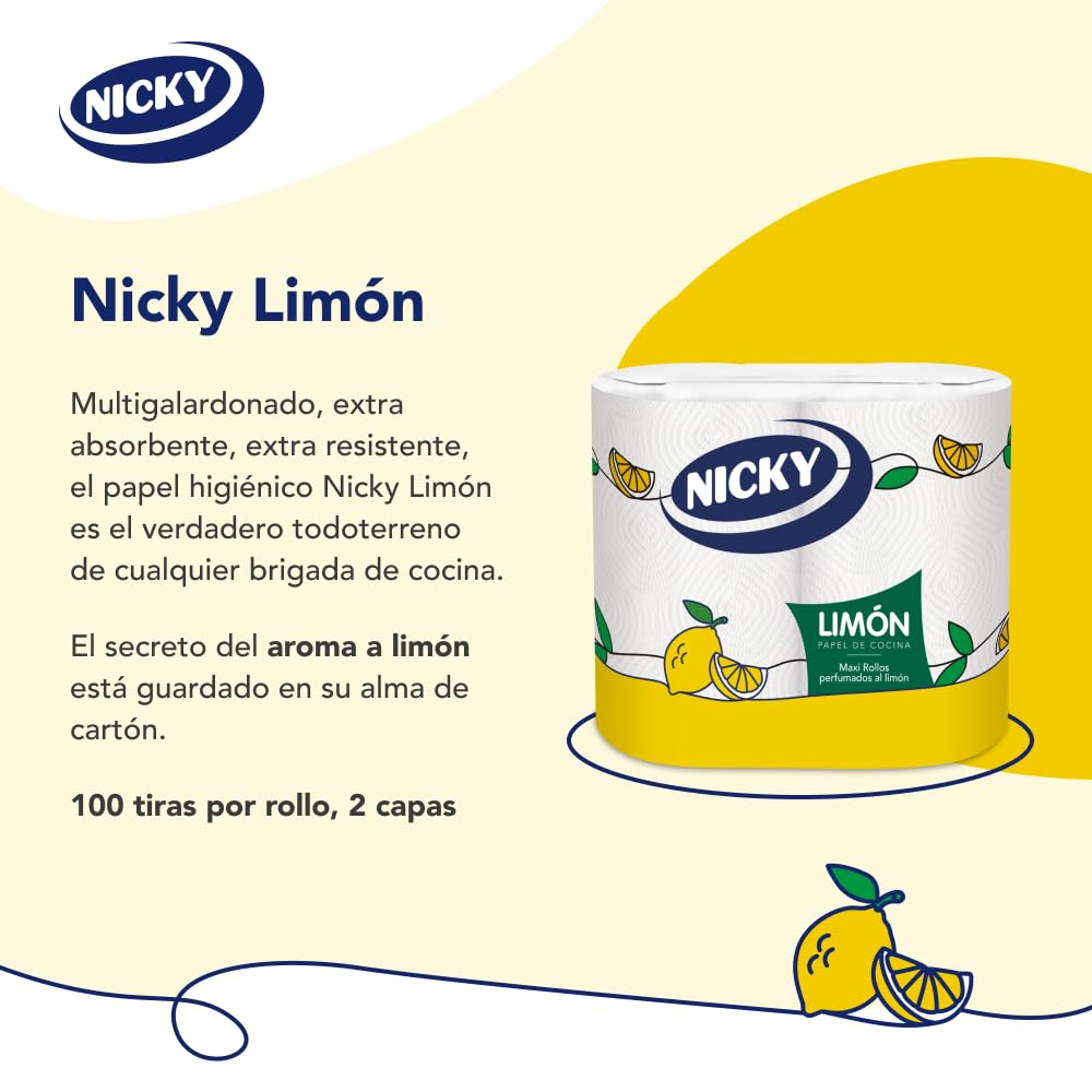 Nicky Limón Papel de Cocina, 2 Rollos, Hojas de 2 Capas, 100 Hojas por Rollo, Papel Súper Absorbente Perfumado al Limón, Papel 100% Certificado Fsc