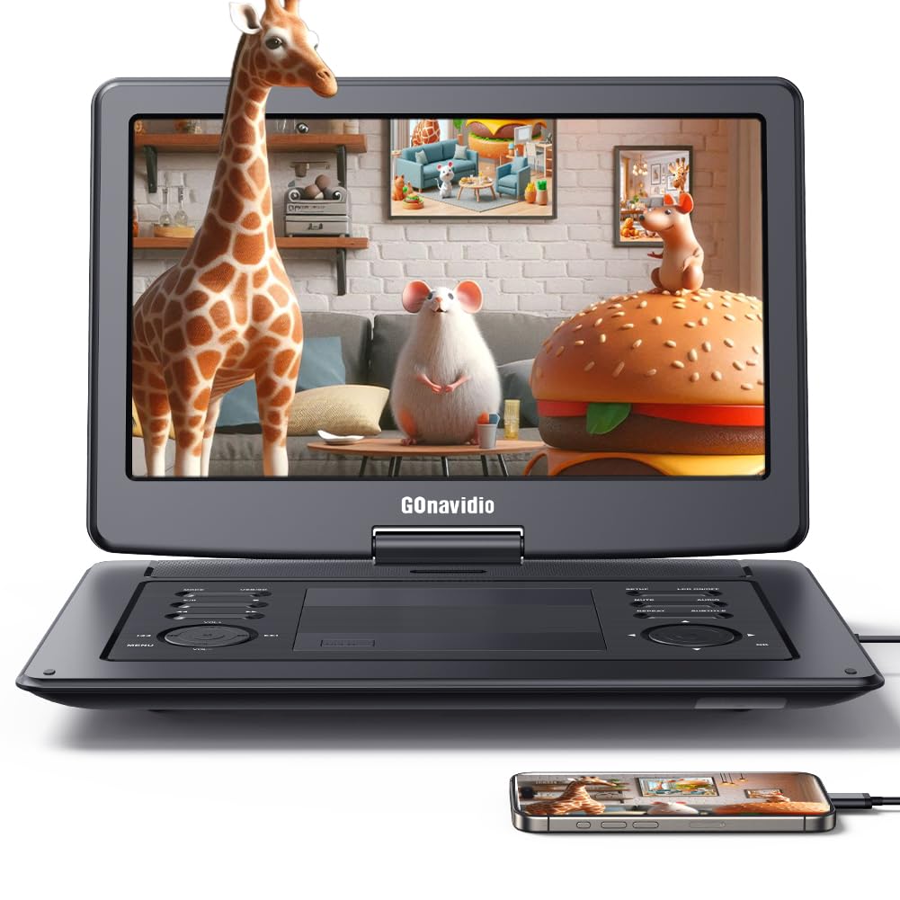 GOnavidio 17.5" Lecteur DVD Portable supporte HDMI in, Grand écran,Batterie Rechargeable 6 Heures, Lecteur DVD Portable Voiture Support AV in,USB/TF pour Enfant en Voyage