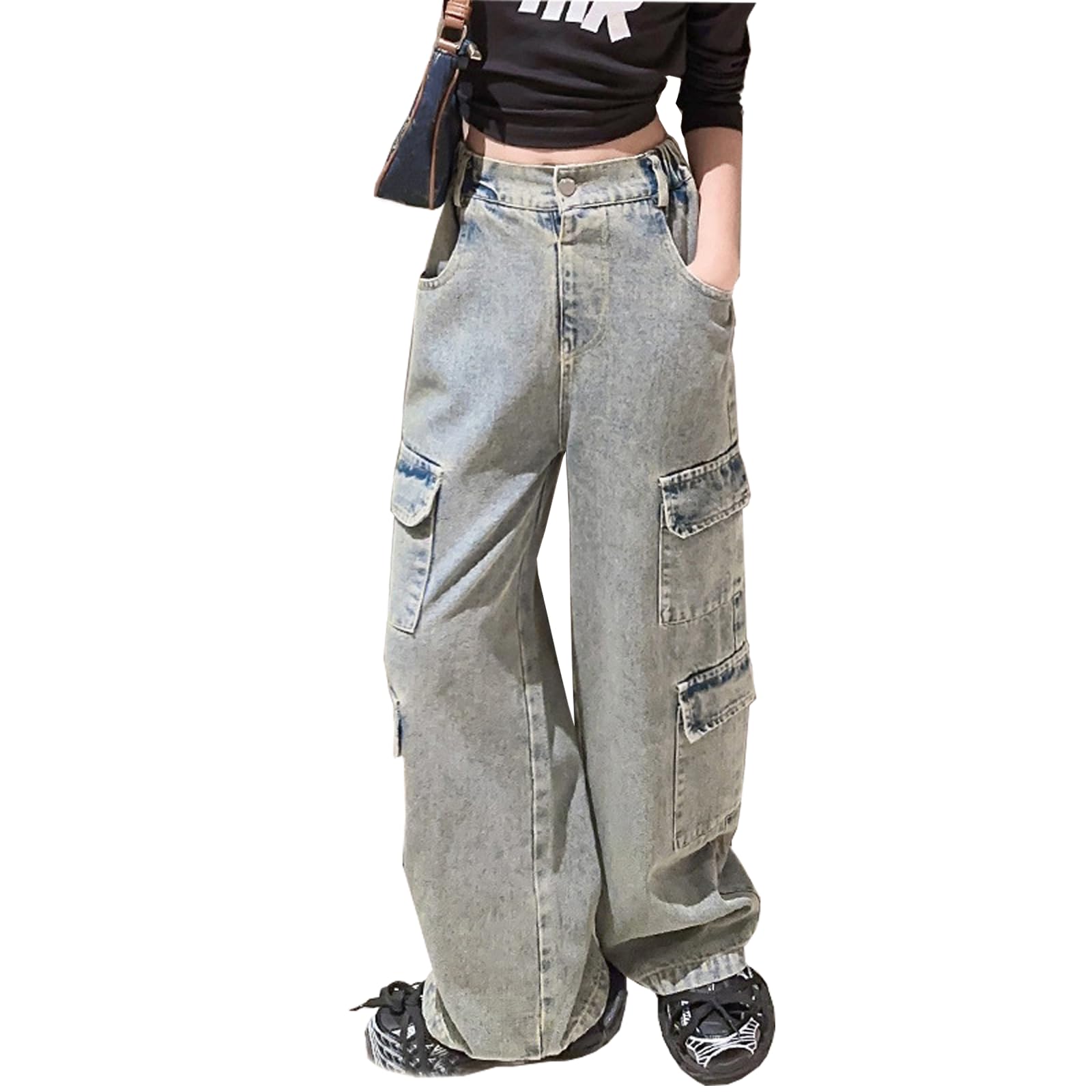 Pantalones de mezclilla para niñas de 4 a 14 años, estilo cargo, rasgados, desgastados, cintura elástica, pantalones holgados