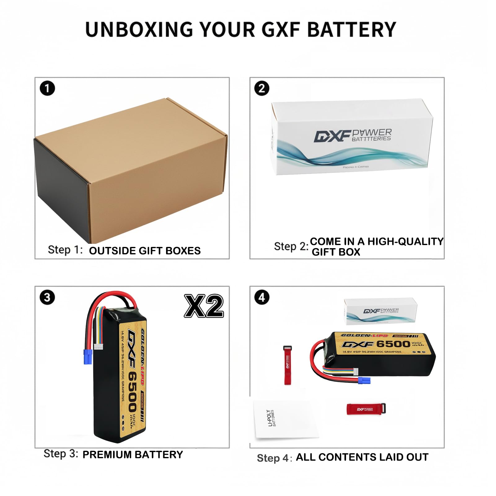 DXF Lot de 2 batteries Lipo 4S - 14,8 V - 6500 mAh - 100 C - Boîtier rigide avec fiche EC5 - Pour Buggy Truggy Crawler Monster Car Boat Racing Drone UAV FPV Hobby