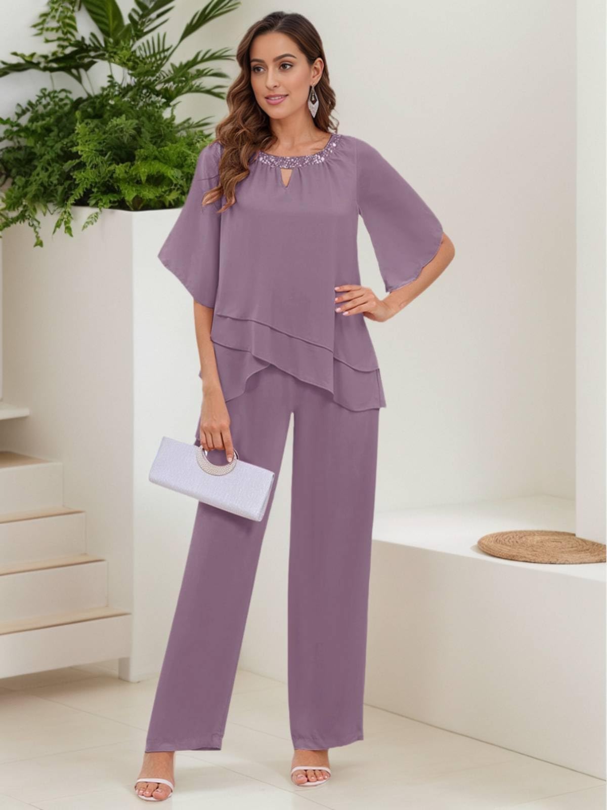 Hosenanzug Damen Festlich Elegant - 2 Stück Chiffon Kurzarm Mutter der Braut Hosenanzüge für Hochzeit