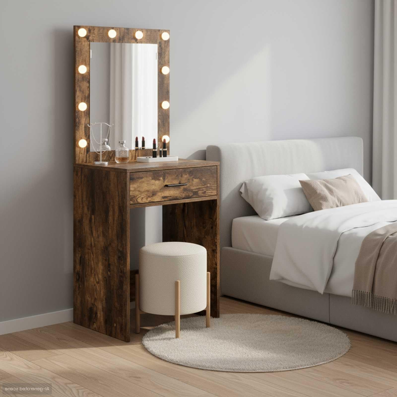 Tavolo da trucco rovere fumé con luce LED, specchio piano e 2 cassetti, mobiletto salvaspazio per camera da letto, scrivania consolle per make up e organizzatore cosmetici