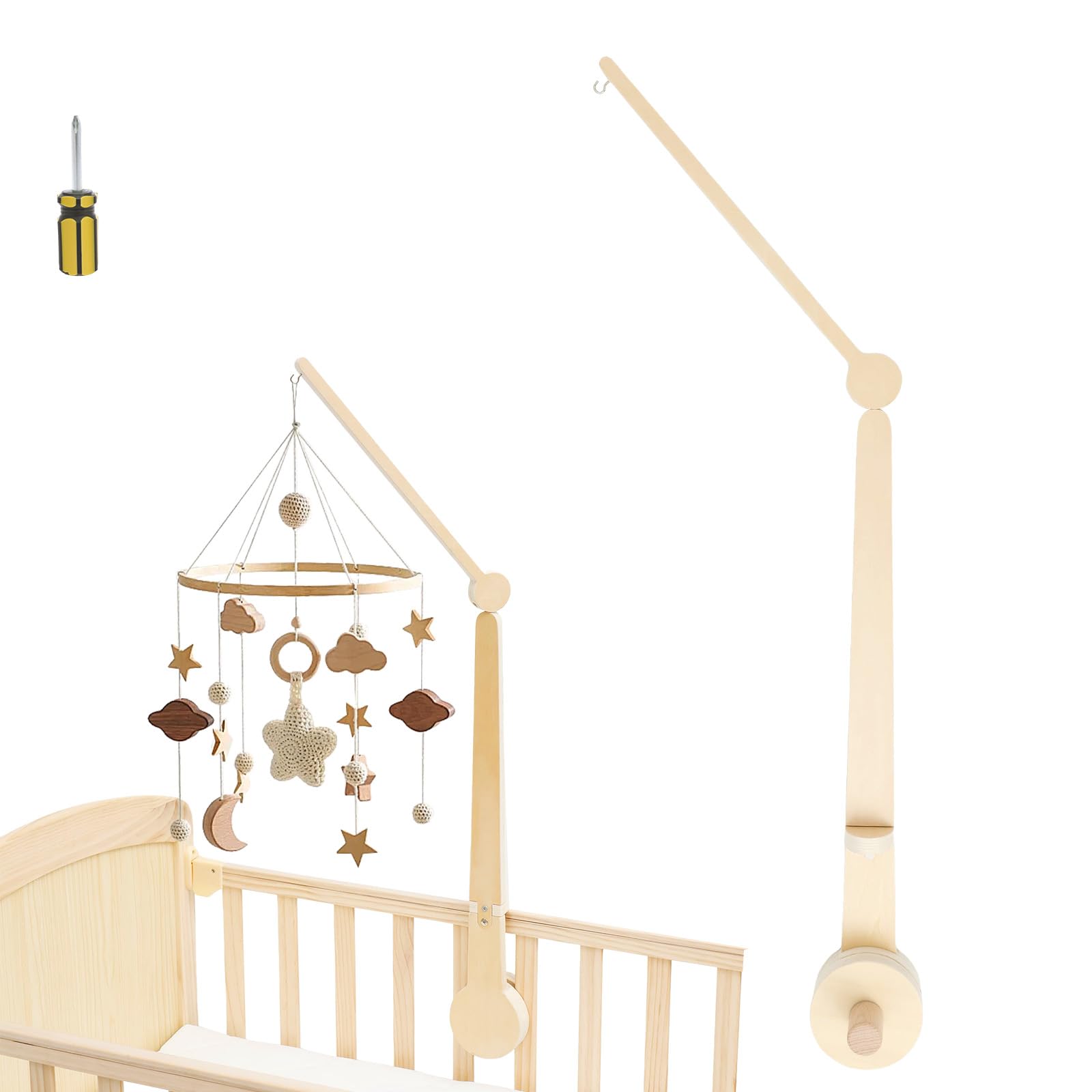 Cot Mobile Arm Baby Wooden Crib Mobile Arm Holder 2 Height Adjustable Baby Mobiles Stand Bracket Holder for Hanging Bed Bell Wind Chimes Nursery Deco