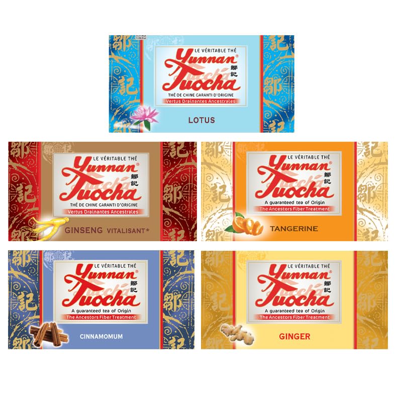 Yunnan Tuocha Zouji – Té Tuocha Asortido Bio (Mandarina, Jengibre, Canela, Loto, Ginseng) – 100 Bolsitas (5x20) – 200g – Origen Garantizado de Yunnan
