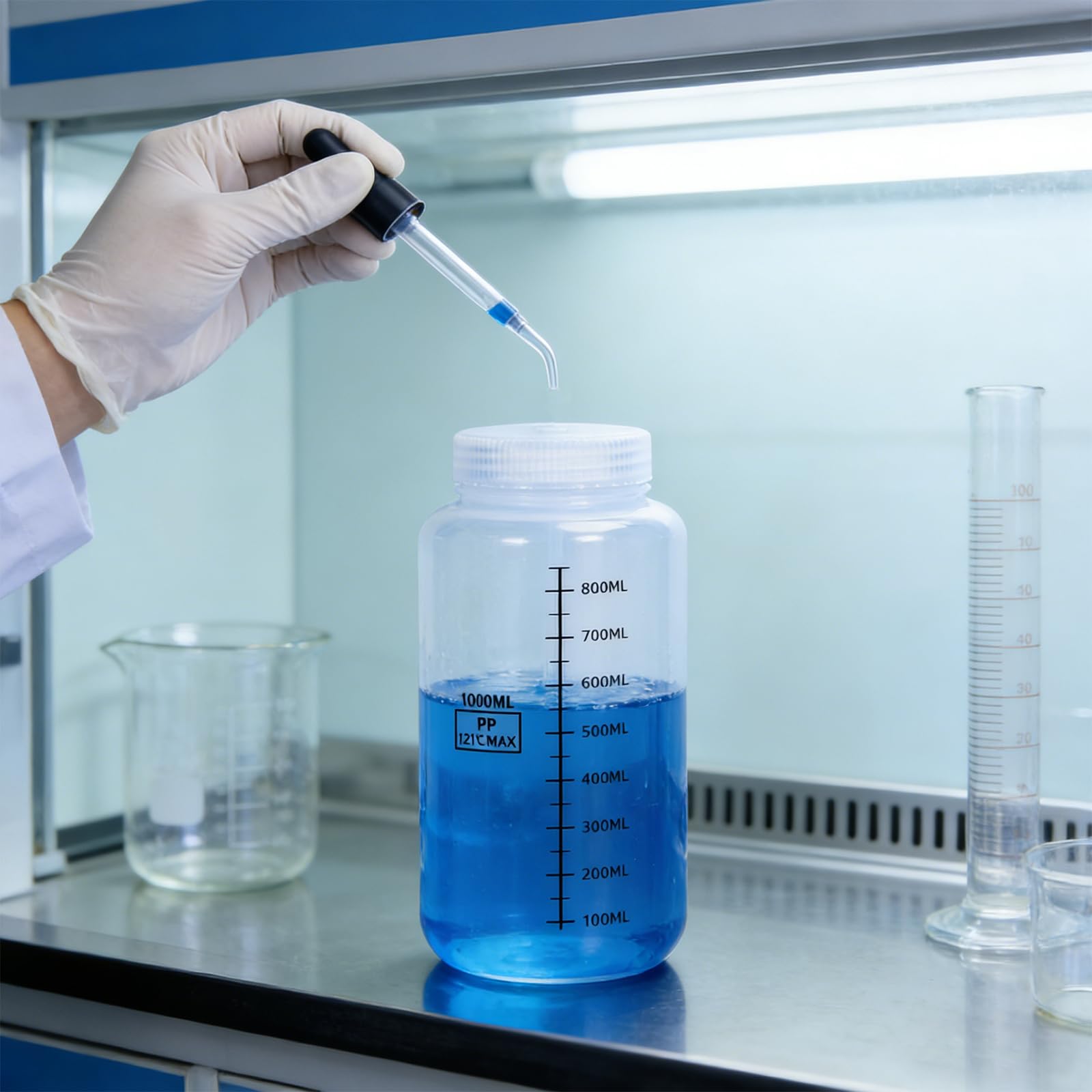 4 bottiglie a collo largo, in plastica, da 1000 ml, per laboratorio, a prova di perdite, a collo largo, con etichette scalate, per bottiglie di pillole, bottiglie di campioni d'acqua