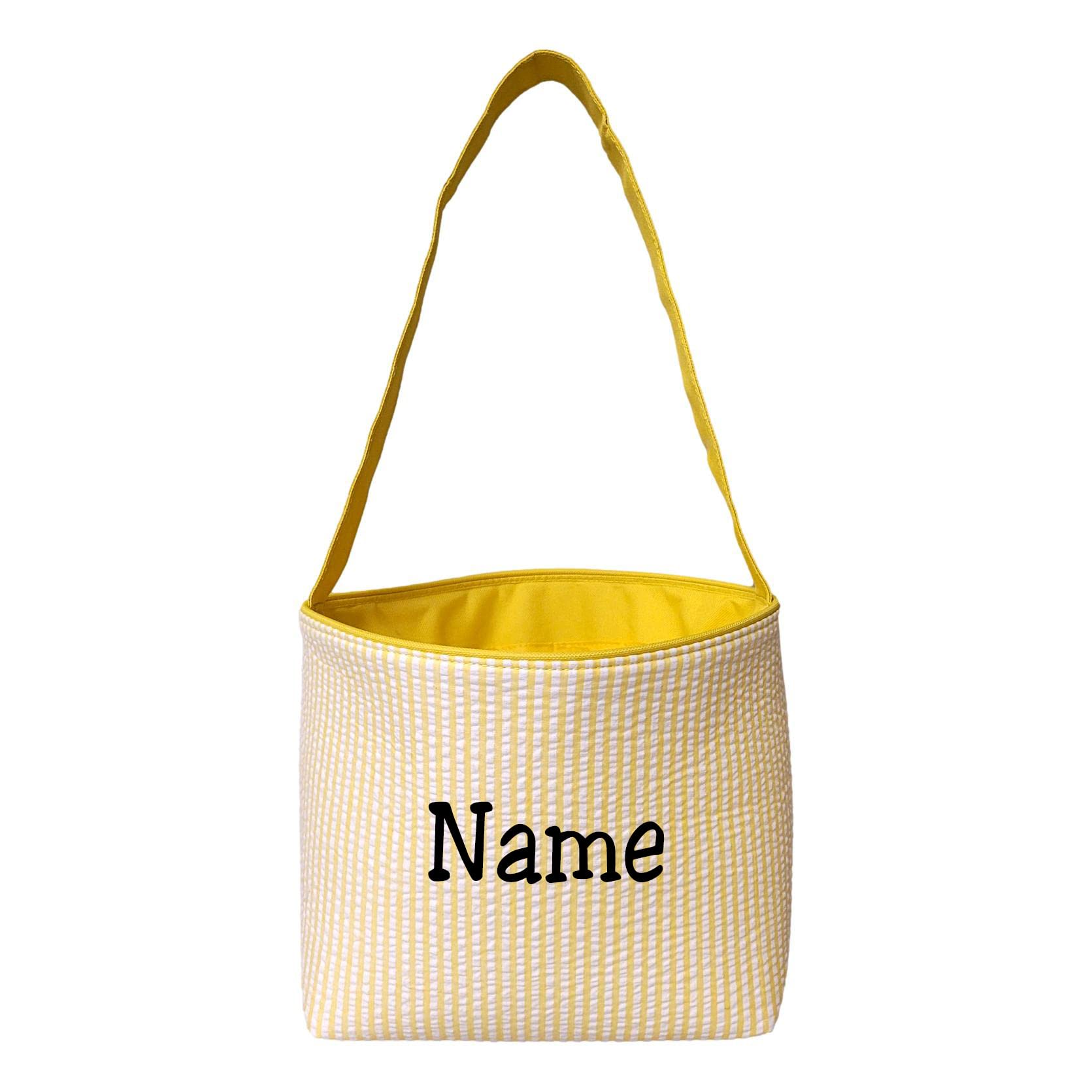 SONA G DESIGNS Personalize with a Name Seersucker Stripe Fabric Easter Basket Bucket Tote Bag - Egg Collecting