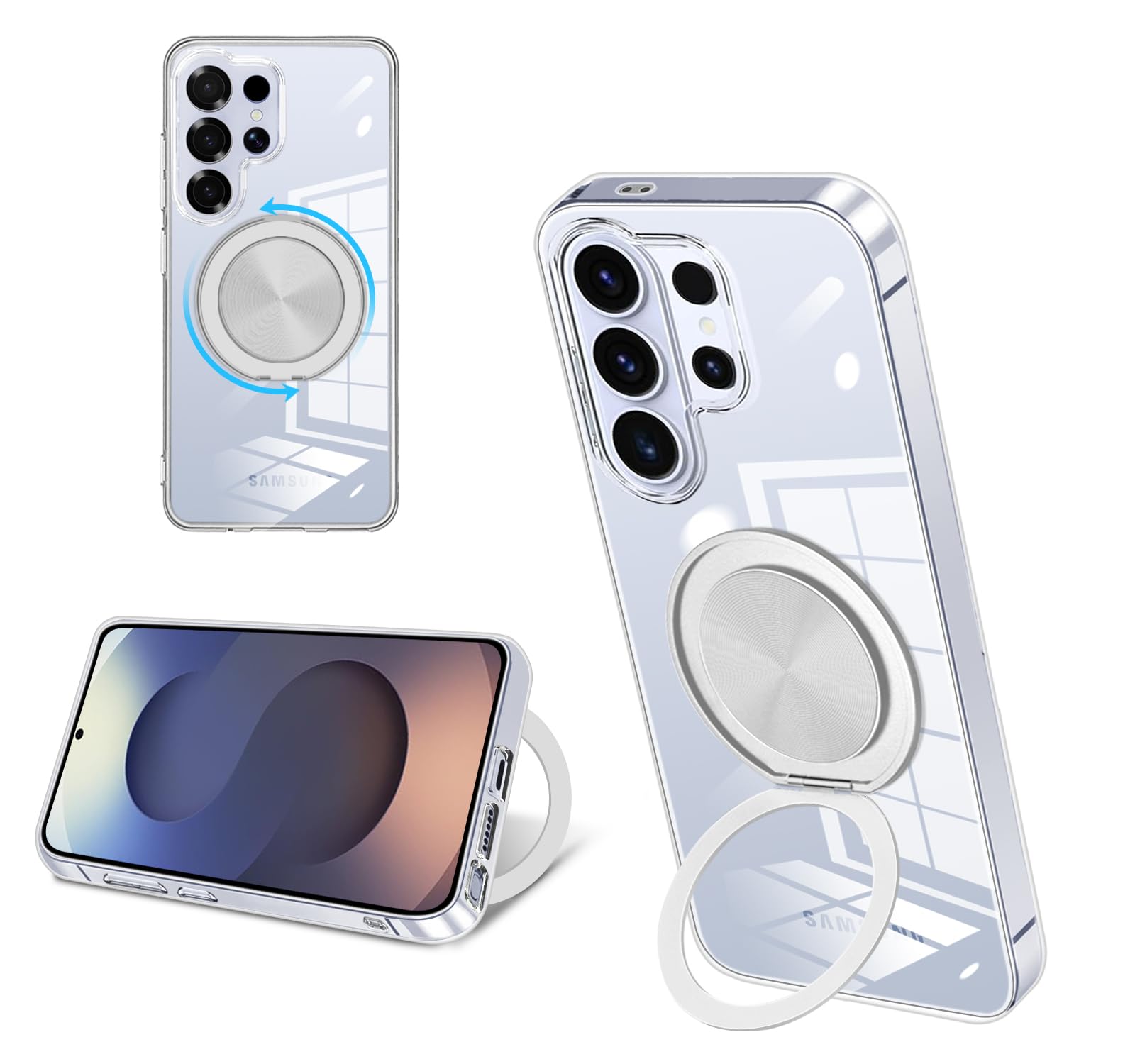 baodunwei Samsung Galaxy S26 Ultra ケース シリコン MagSafe対応 リング付き 360°回転スタンド 縦横両対応 アジャスタブルスタンド マット仕上げ 耐衝撃 スマホ ケース ギャラクシー S26 Ultra カバー 衝撃吸収ポケット内蔵 TPU 薄型軽量 ストラップホール付き