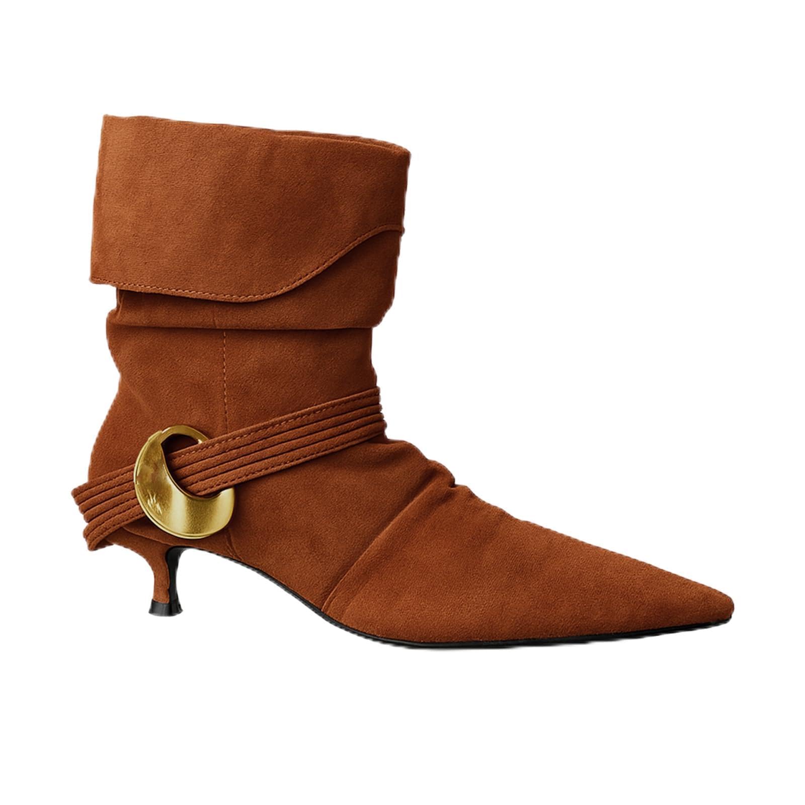 Fold Over Ankle Boots for Women Suede Pointed Toe Kitten Heel Bootie with Metal Ring Fashion Pleated Comfort