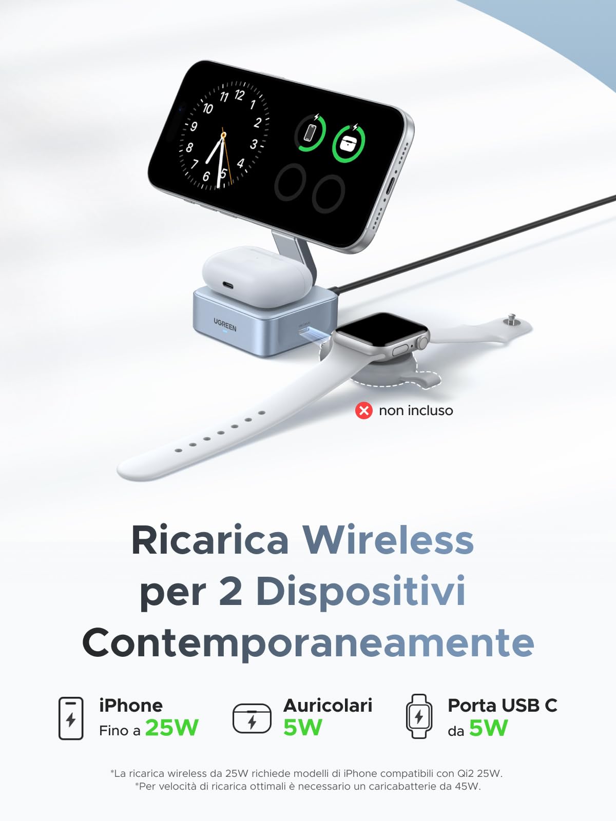 UGREEN MagFlow Qi2 25W Caricatore Wireless per iPhone 2 in 1, Stazione di Carica Magnetico Pieghevole Angolo Regolabile Compatibile con iPhone 16 15 14 13 12, AirPods 4 3 Pro 2