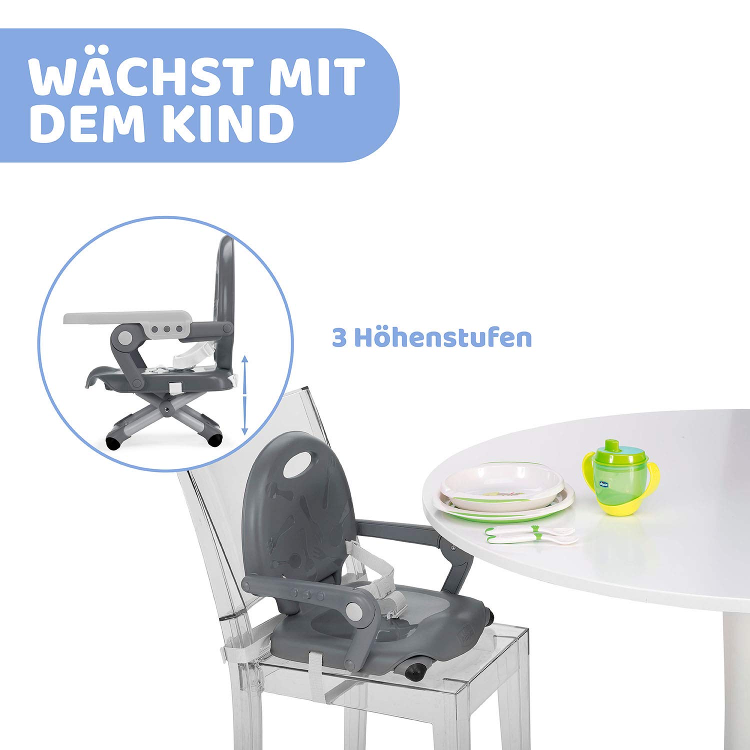 Chicco Pocket Snack Kindersitzerhöhung Babyhochstuhl für Kinder 6 Monate bis 3 Jahre 15kg tragbar verstellbar abnehmbares Tablett Dark Grey