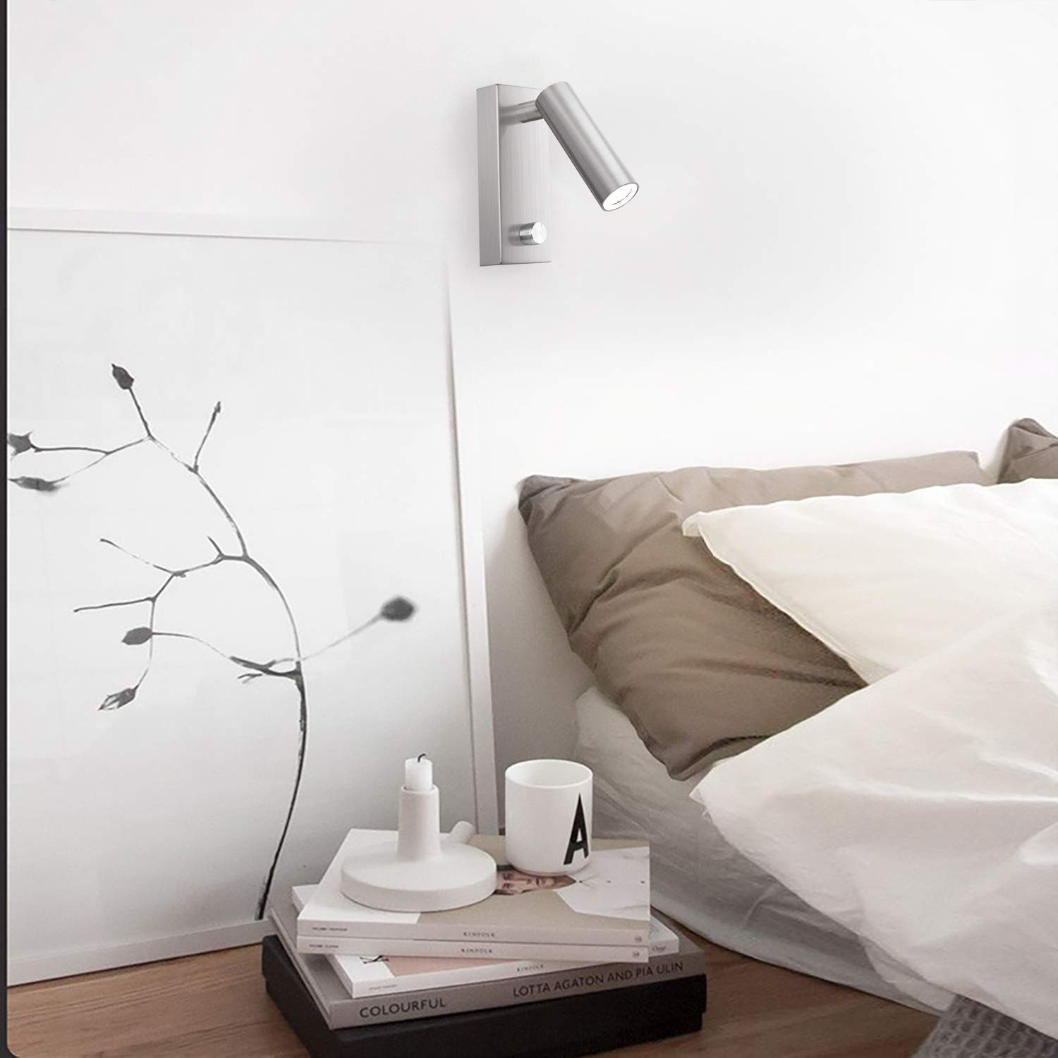 Meanyee Wandleuchte Wandleselampe Kopfteil Nachttischleuchte mit Drehschalter/Dimmbar/Verstellbarer Arm/Nickel gebürstet / 3000K 4.5W/MY-WN225A LED (Oberfläche Installieren)