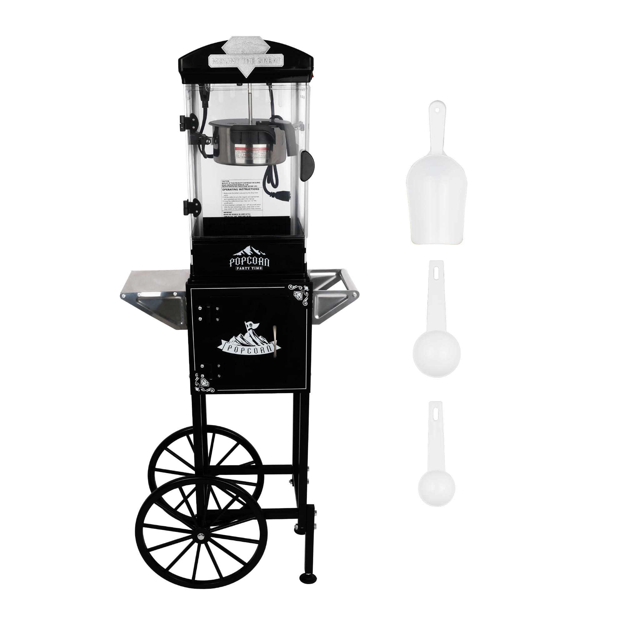 8 Oz Popcorn Machine with Cart (Black) - Compact Vintage Popcorn Maker - High Efficiency One Touch Operation with 3 Plastic Spoons, Storage for Movie Nights, Party