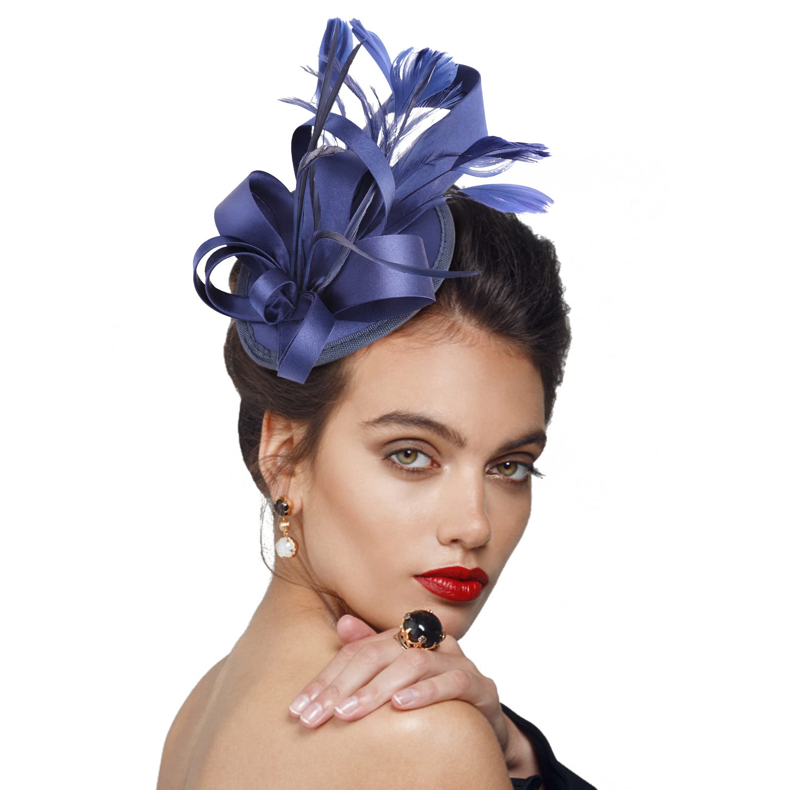 DRESHOW Fascinators Cappello Nastri Piume su un cerchietto Clip Cocktail Tea Party Copricapo per ragazze e donne