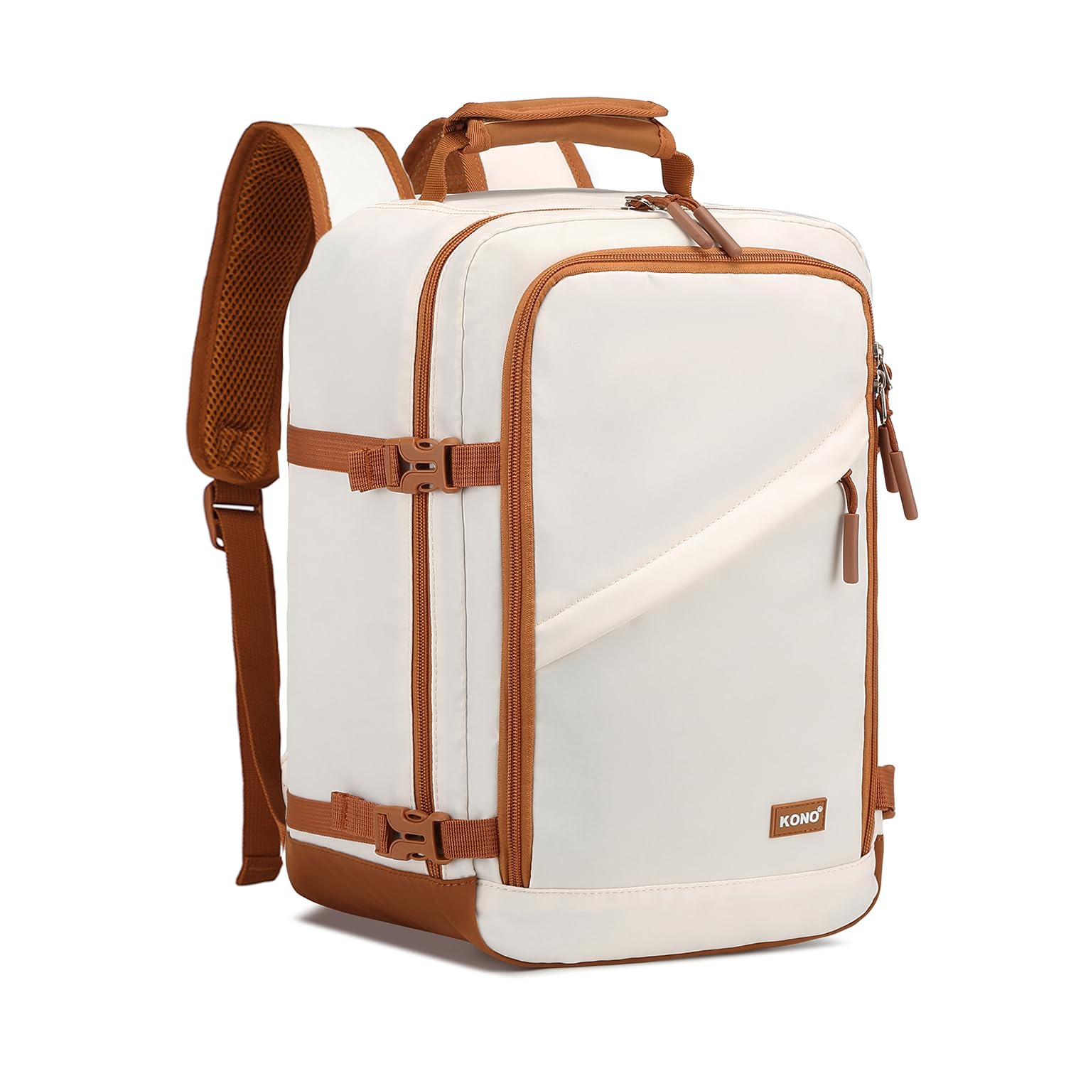 Kono Carry on Backpack, 16" Airplane Approved Under Seat Travel Backpack for Men and Women, Waterproof Lightweight Daypack for Flight 20L, White/Brown