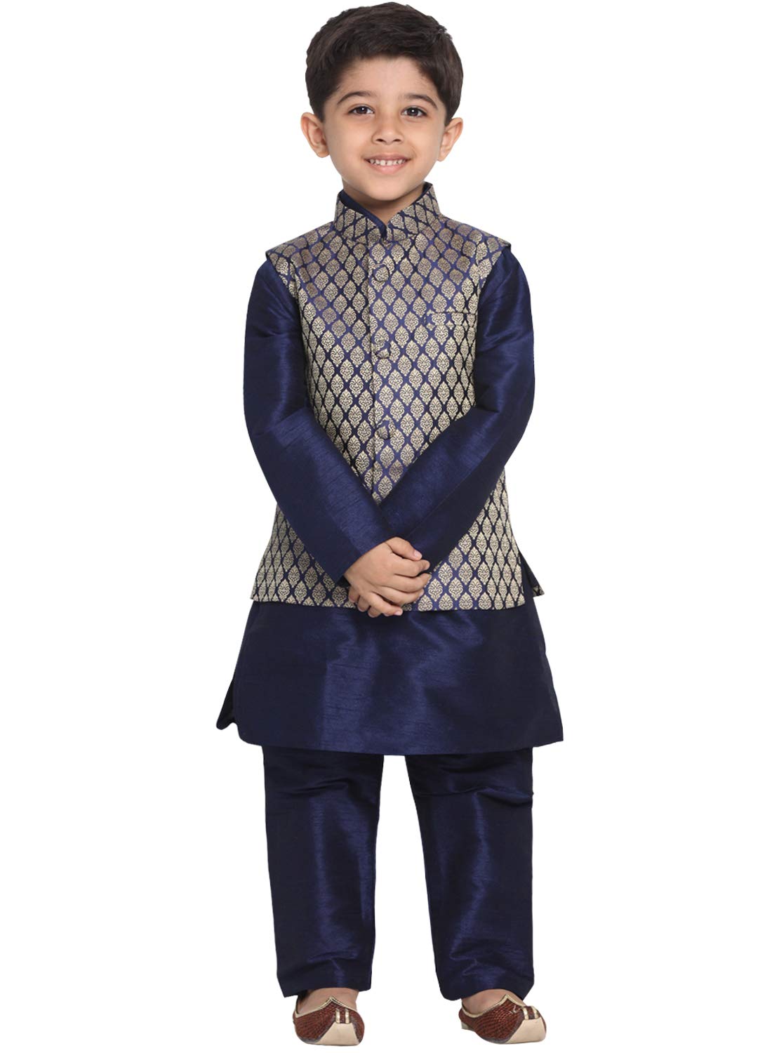 Jbn Creation Boys Silk Blend Navy Blue And Gold Kurta Pyjama Jacket Set - Ethnic For Festivals_Vasnbj005Bunbknb001Npnb_34