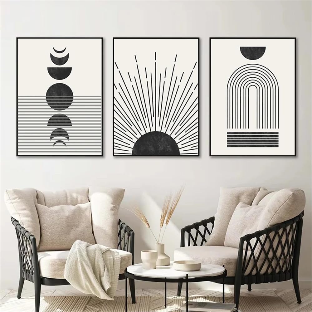 WUHBCZ Wall Art Decor,Set of 3-Abstract Black Sun Moon Geometry Boho Art Canvas Painting Mid Century Print Pictures Modern Wall Poster Living Room Home Decor-40 * 60cm/(16 * 24inch) Unframed