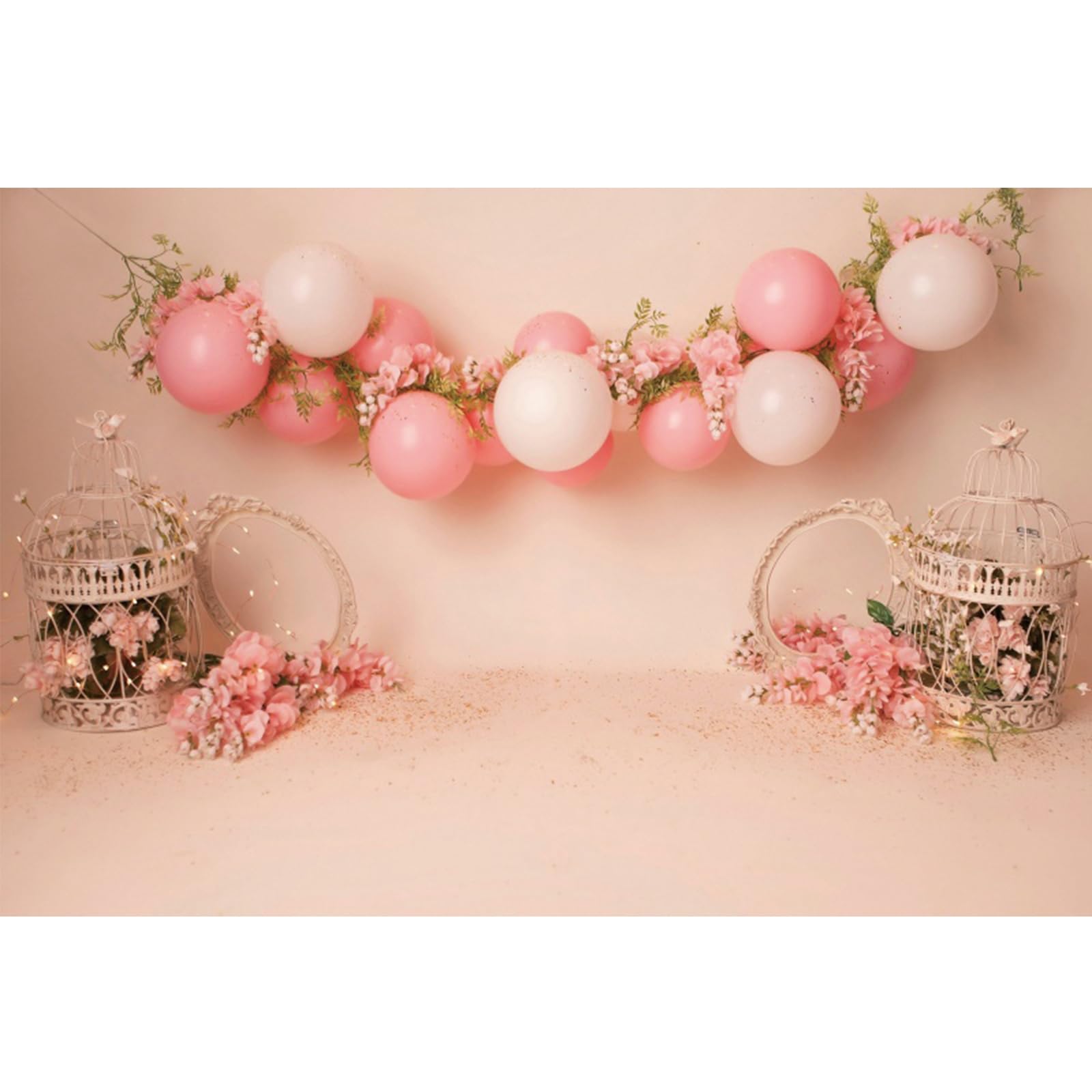 YongFoto Pink and White Balloon Banner Photography Background 5x4ft Spring Flower Pink Floral Elegant Bird Cage Photo Backdrop Wedding Photoshoot