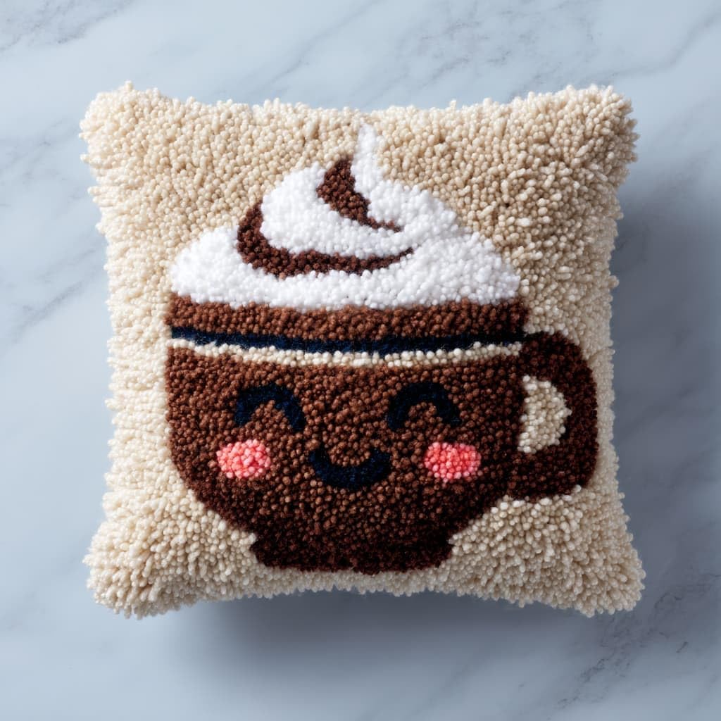 Taxpy DIY Latch Hook Kits, Cartoon Teacup Pillow Embroidery Carpet Set Needlework Crocheting Cushion Pillow Case Embroidery Set 43x43cm