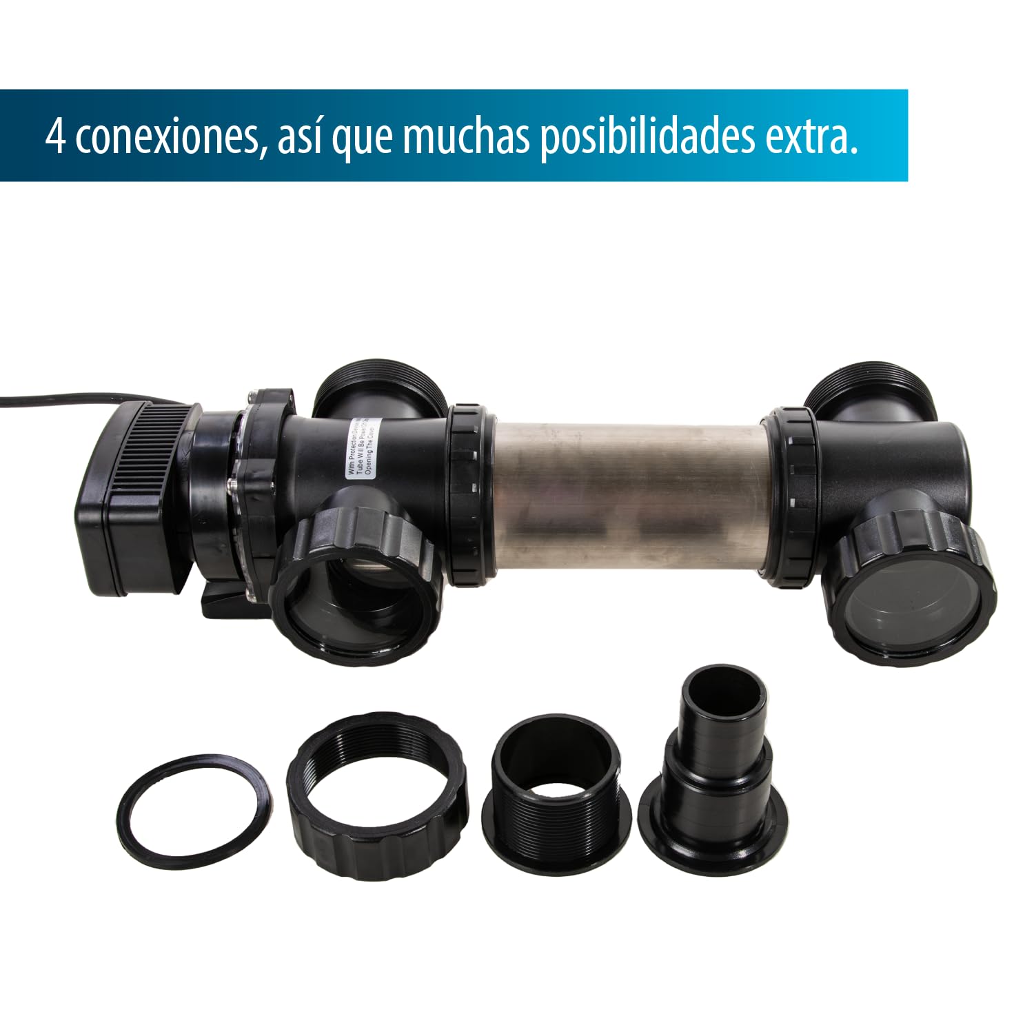 AquaForte SUV-724 RVS UV-C, PL 24W, Longitud 458 mm, Tamaño del estanque 40 m3, Flujo recomendado 5 m3⁄h, Presión presión 1,0 bar, Incluye 4 boquillas para manguera de 38/50 mm