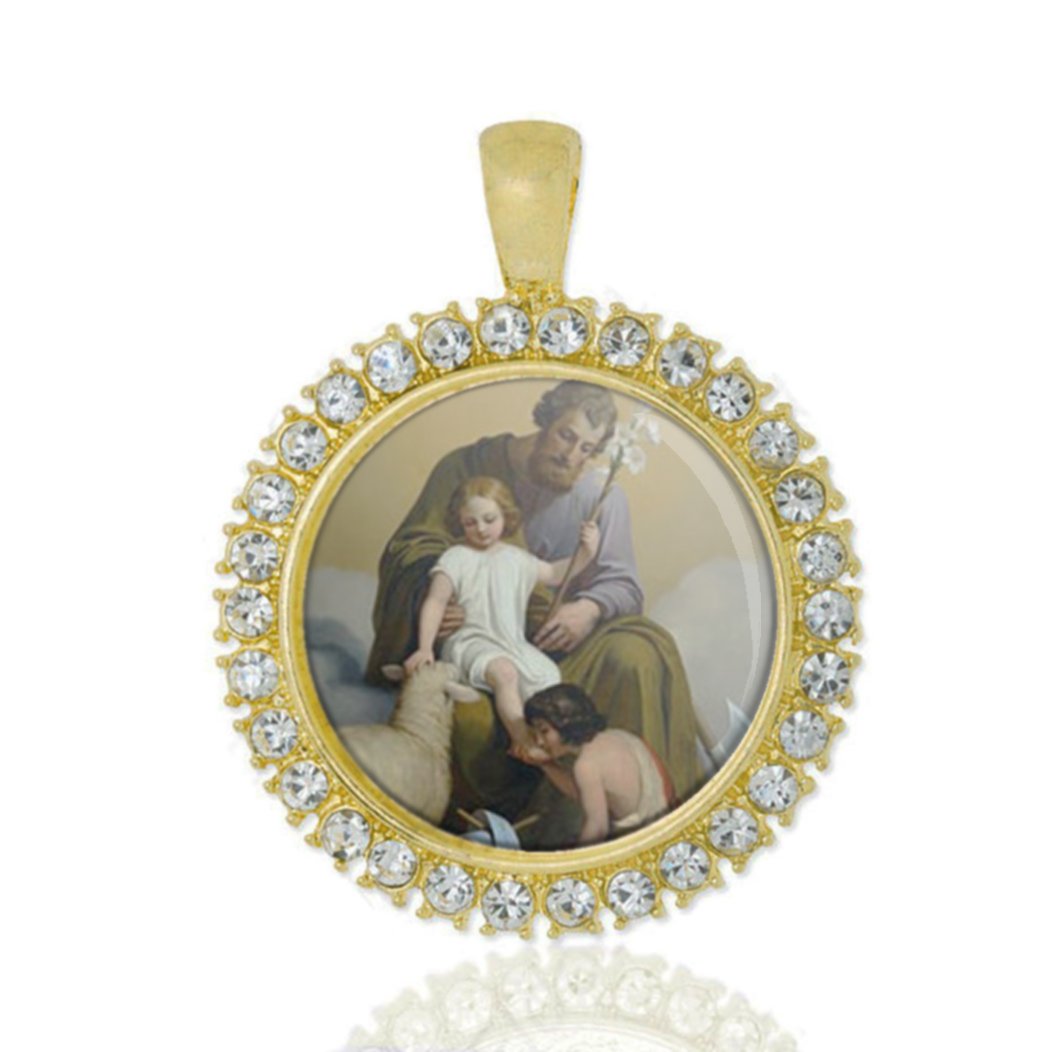 Realig St Joseph and Jesus with John The Baptist Melchior Paul Von Deschwanden Christian Round Medal Gold Tone Pendant with Rhinestones