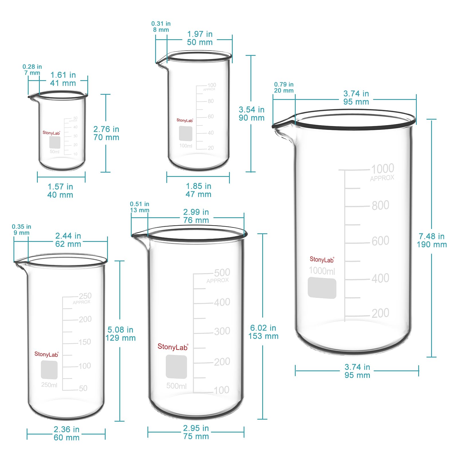 stonylab Ensemble de Béchers Hauts, 5 Pièces, Bécher en Verre avec Graduation, Verre Borosilicaté Durable, Bécher Haut Idéal pour Laboratoire, Chimie et Utilisation Éducative en Sciences