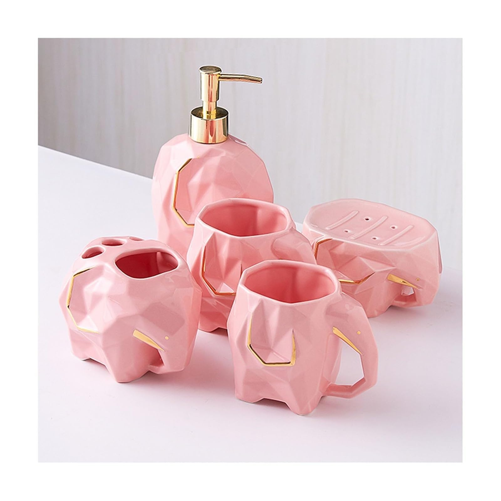 Set di accessori per il bagno Set di dispenser sapone, divertenti accessori da bagno in ceramica con piattino e bicchiere for spazzolino denti Arredamento per gli affittuari(Pink)
