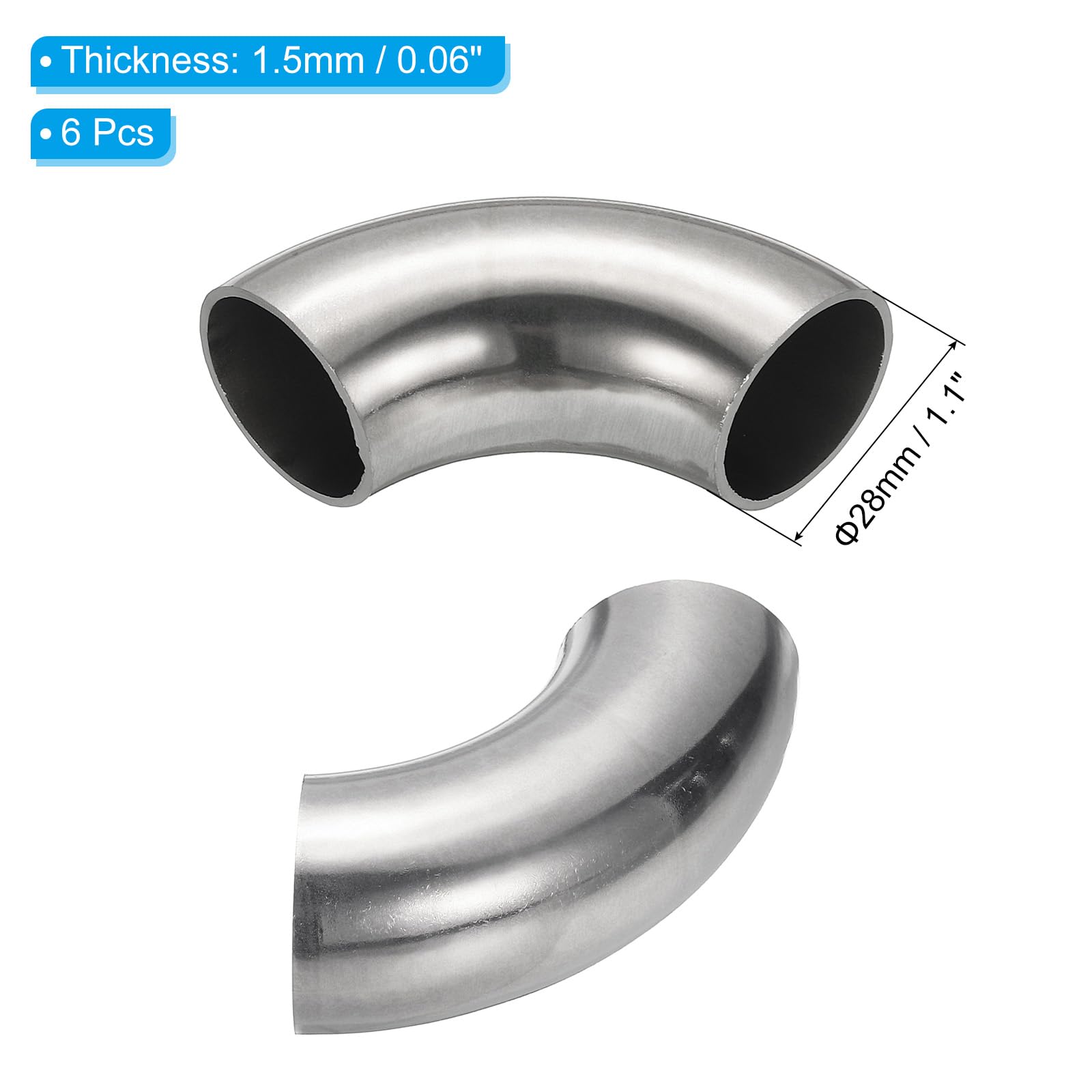 PATIKIL 6 Stück Edelstahl Rohrbogen 90 Grad Bogen, 28mm ID Stahl Auspuffbogen Auspuffrohrverbinder Edelstahlbogen 304 Edelstahl Rohr für Auspuffrohr Treppengeländer Auto HVAC