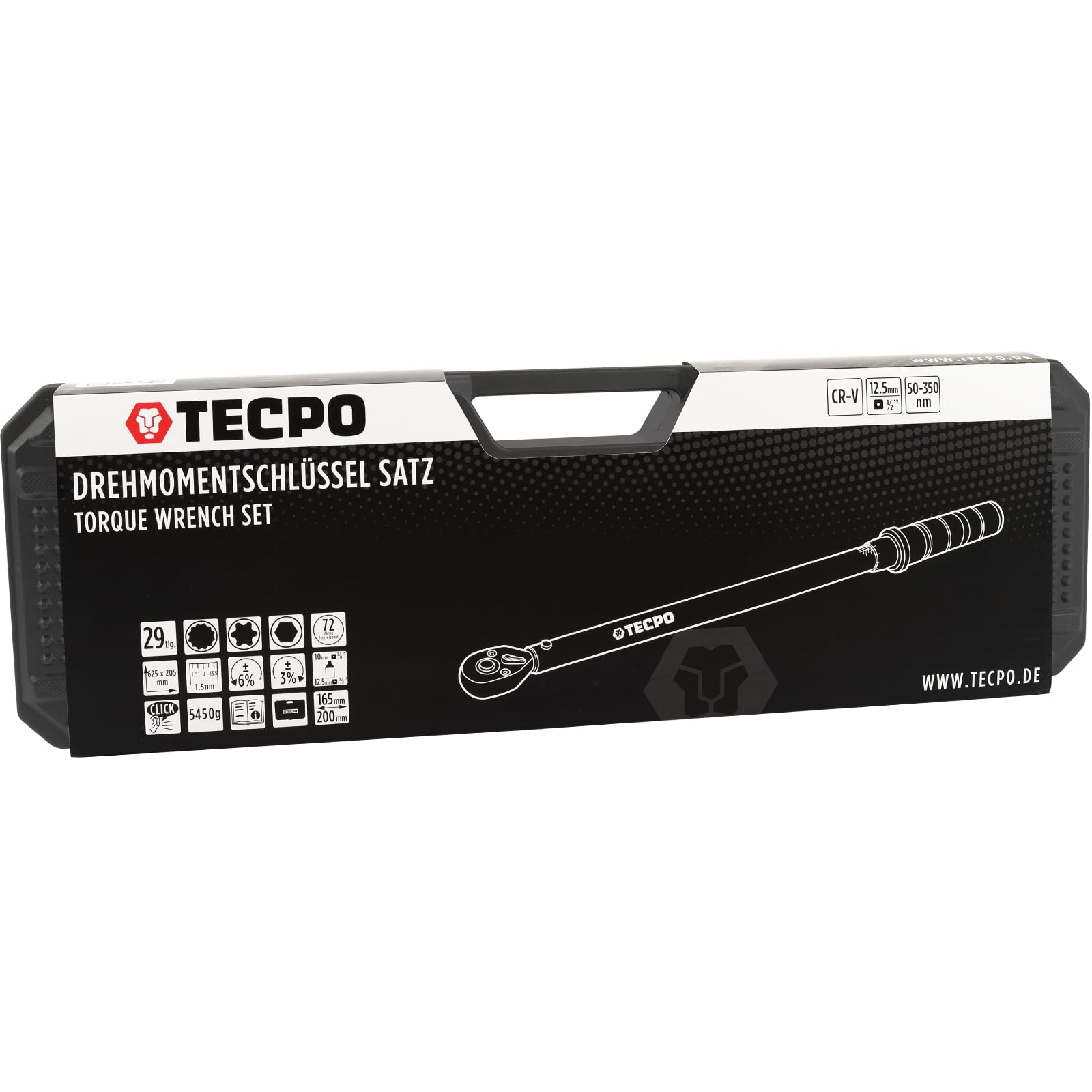 TECPO Juego de llaves dinamométricas de 1/2 pulgadas, 50 – 350 Nm, 72 dientes mecánicos, calibrado, alta precisión de ± 3%, en maletín del sistema, llave de bits de extensión para neumáticos, montaje