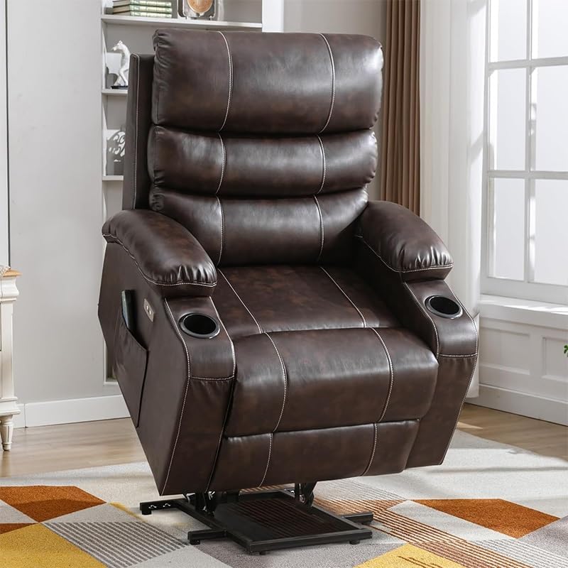PU Leather Electric Lift Recliner Chair Elderly Modern Home Theater Reclining Sofa with Massage and Heated Side Pockets Cup Holders USB Ports Single Seat for Living Room