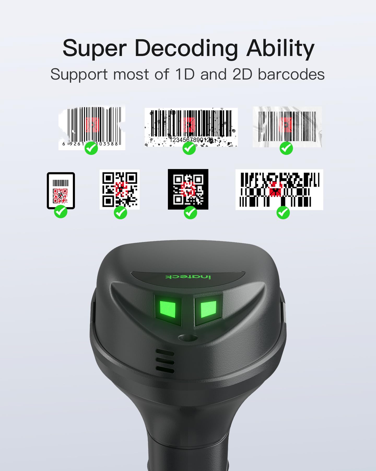 Inateck Kabelloser Barcode Scanner QR Code Scanner 1D 2D Bluetooth 2.4G USB 3-in-1 Kompatibel Windows iOS Android Mac Linux