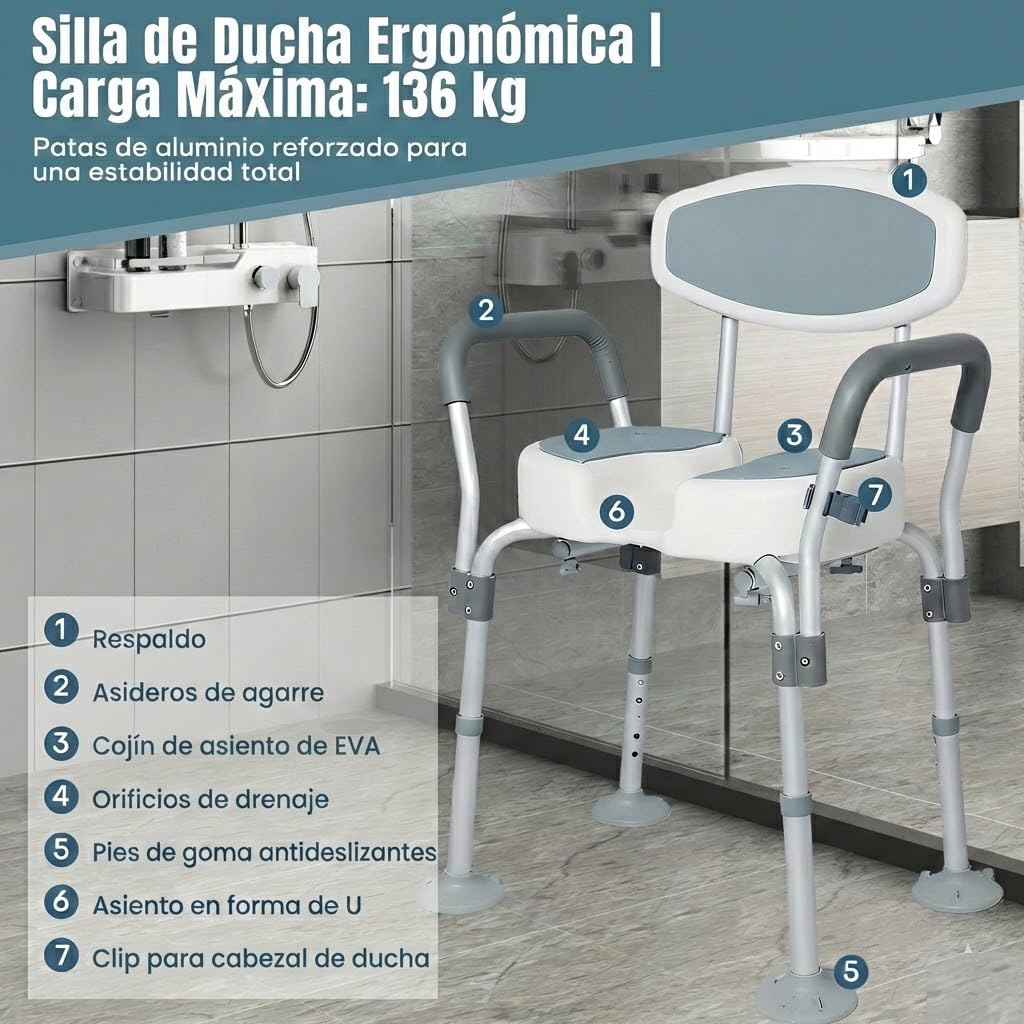 Taburete de Ducha para Personas Mayores, Silla para Ducha Antideslizante Silla de Baño Aluminio Altura Ajustable con Brazo Extraíble, hasta 136 kg