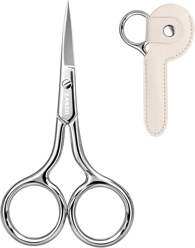Tesoura prata para sobrancelhas ZASZO em aço inoxidável, 9,7 cm, com estojo