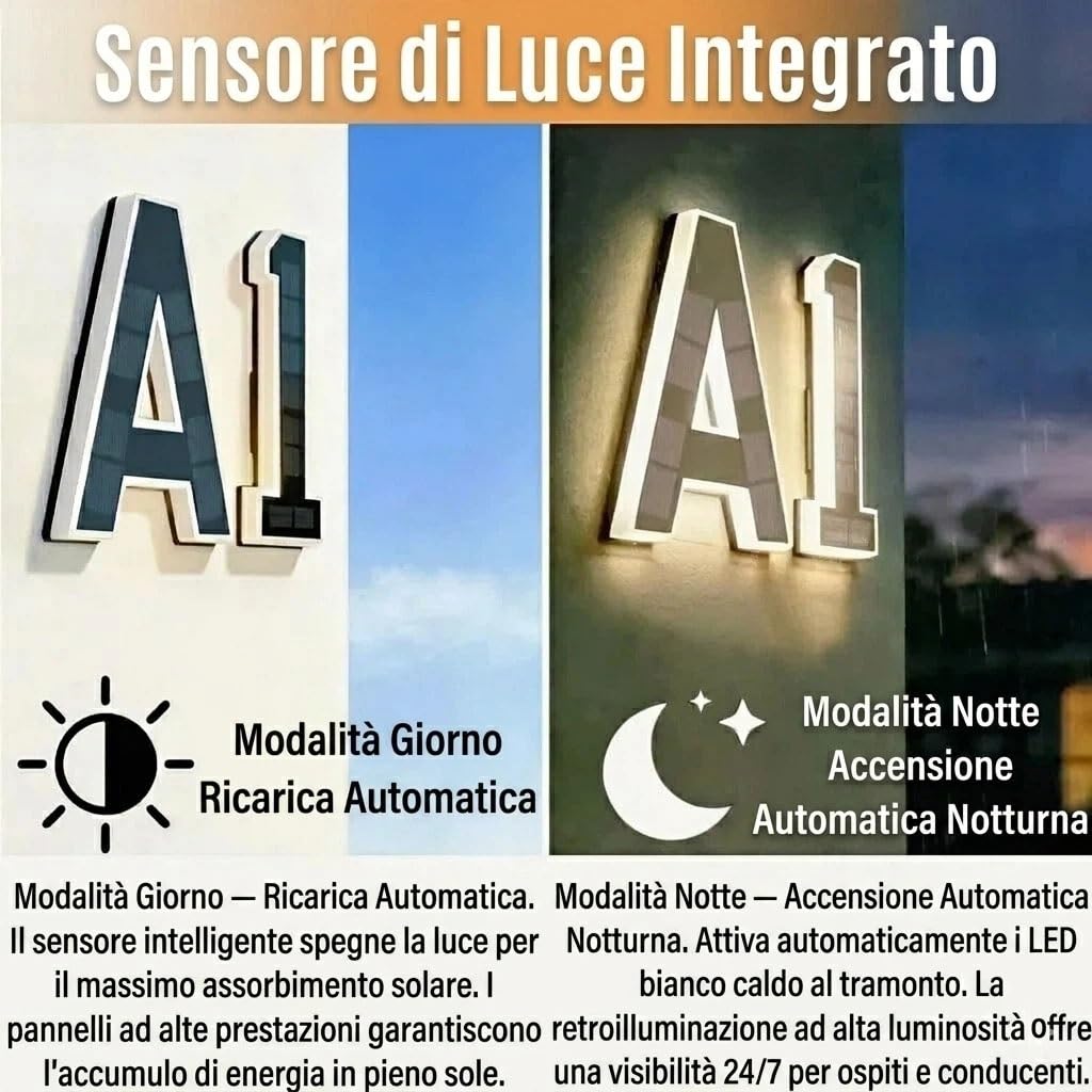 Targa Numero Civico Solare LED – Insegna Indirizzo Moderna per Esterni, Sensore Crepuscolare, Impermeabile IP65, Effetto 3D Flottante, Finitura Nero Opaco – 3 Misure Disponibili(0-Nero,12cm)